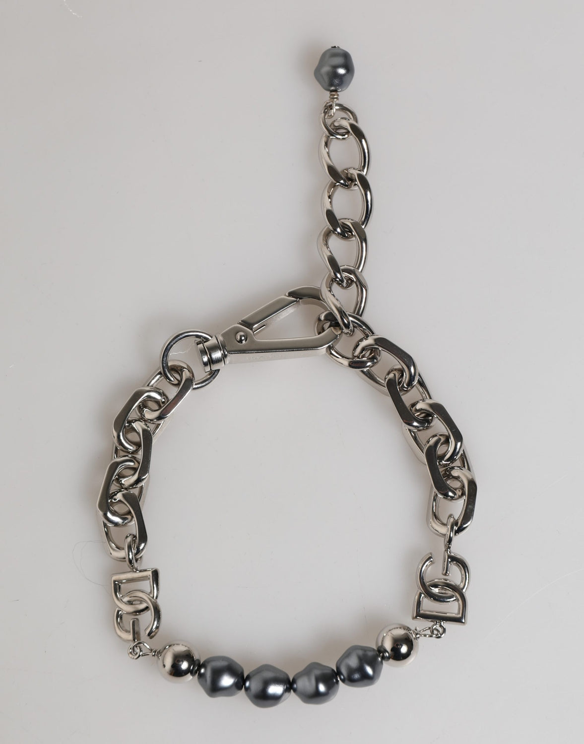 Silver Tone Chain Lobster Clasp Logo Gray Pearls Bracelet
