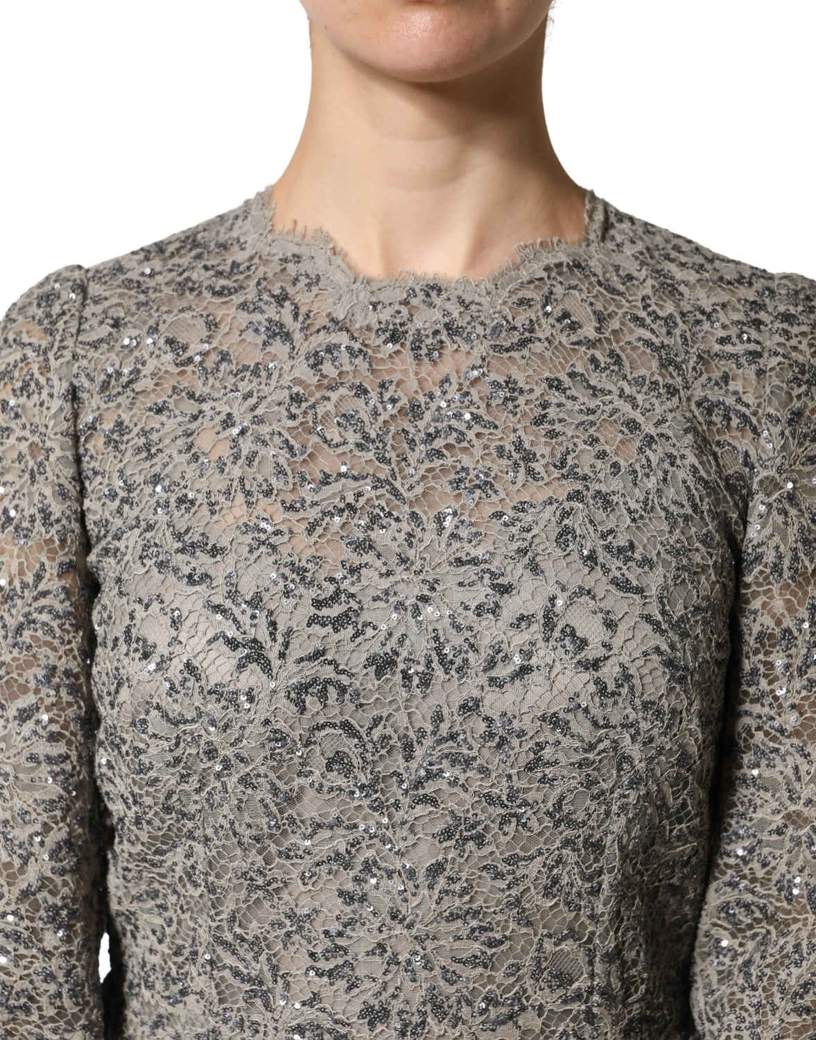 Gray Lace Long Sleeves Cotton Maxi Dress
