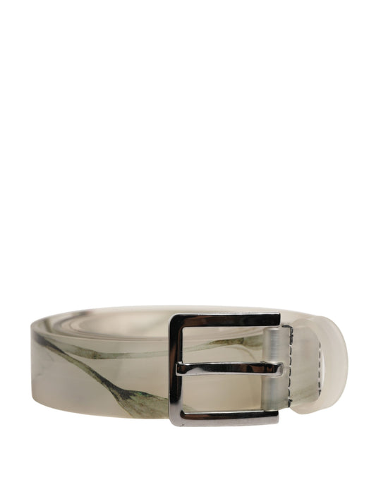 Men White Floral PVC Silver Metal Buckle Belt
