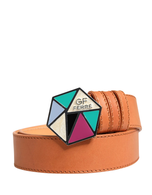 Orange Leather Hexagon Metal Buckle Waist Women Belt