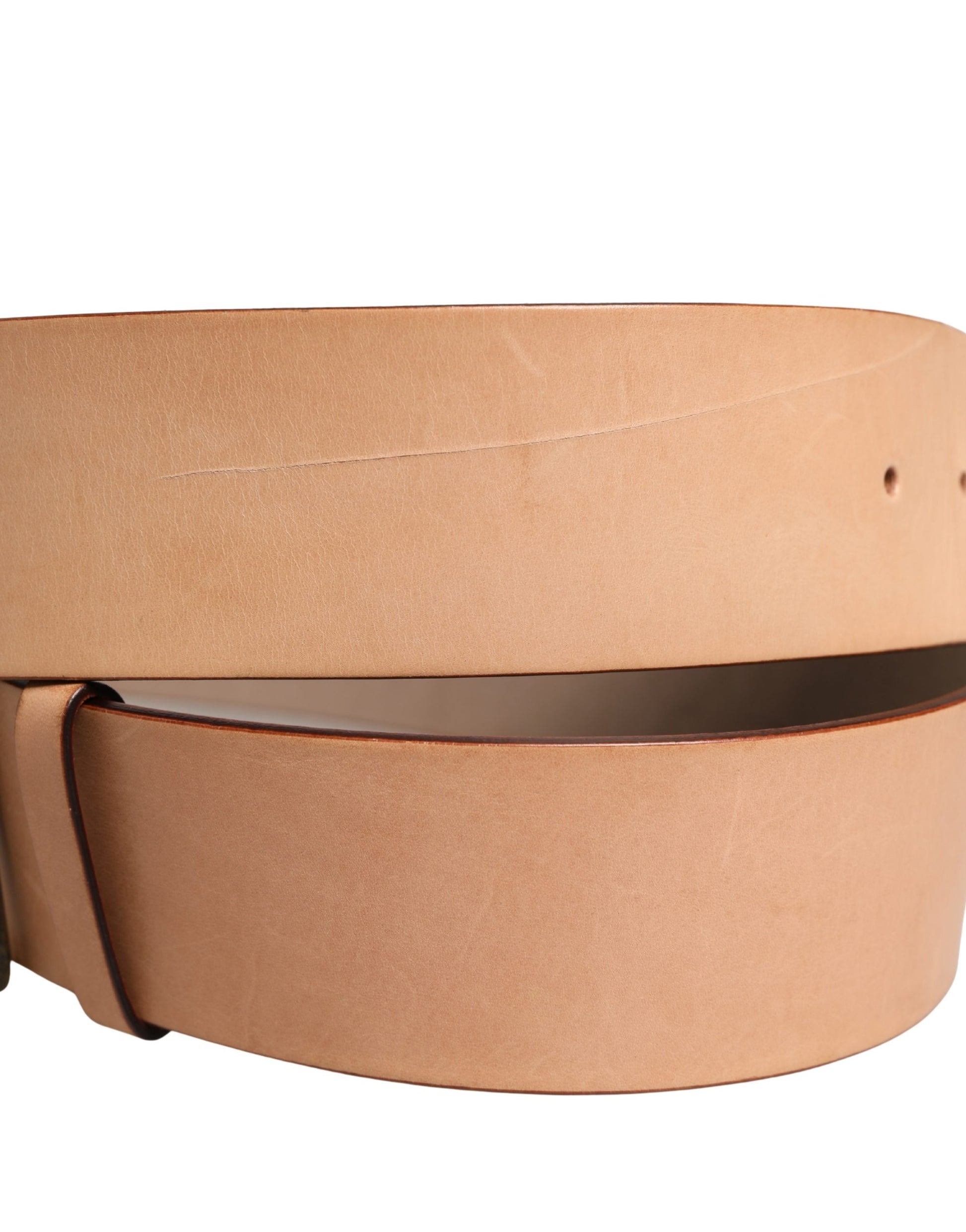 Beige Genuine Leather Wide Waist Metal Buckle Belt