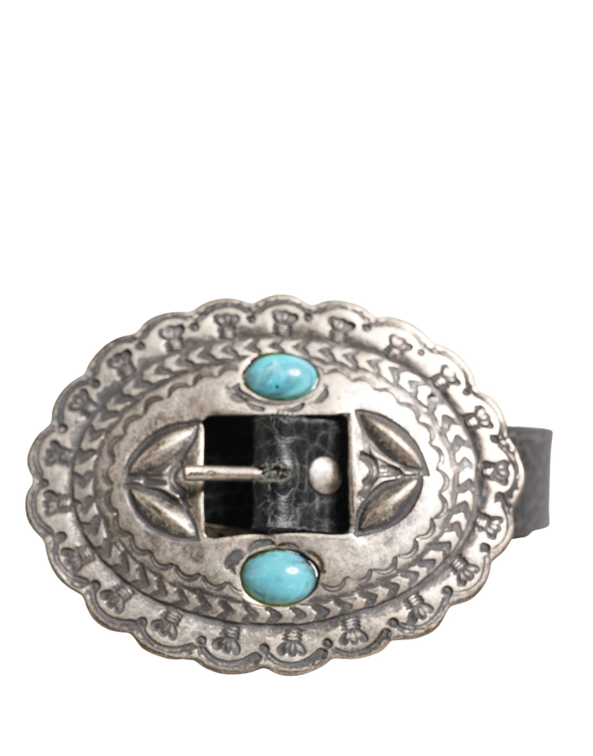 Black Turquoise Leather Embellished Oval Buckle Belt