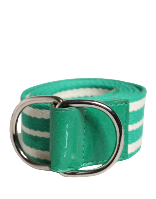 White Green Stripes Canvas Silver Metal Buckle Belt