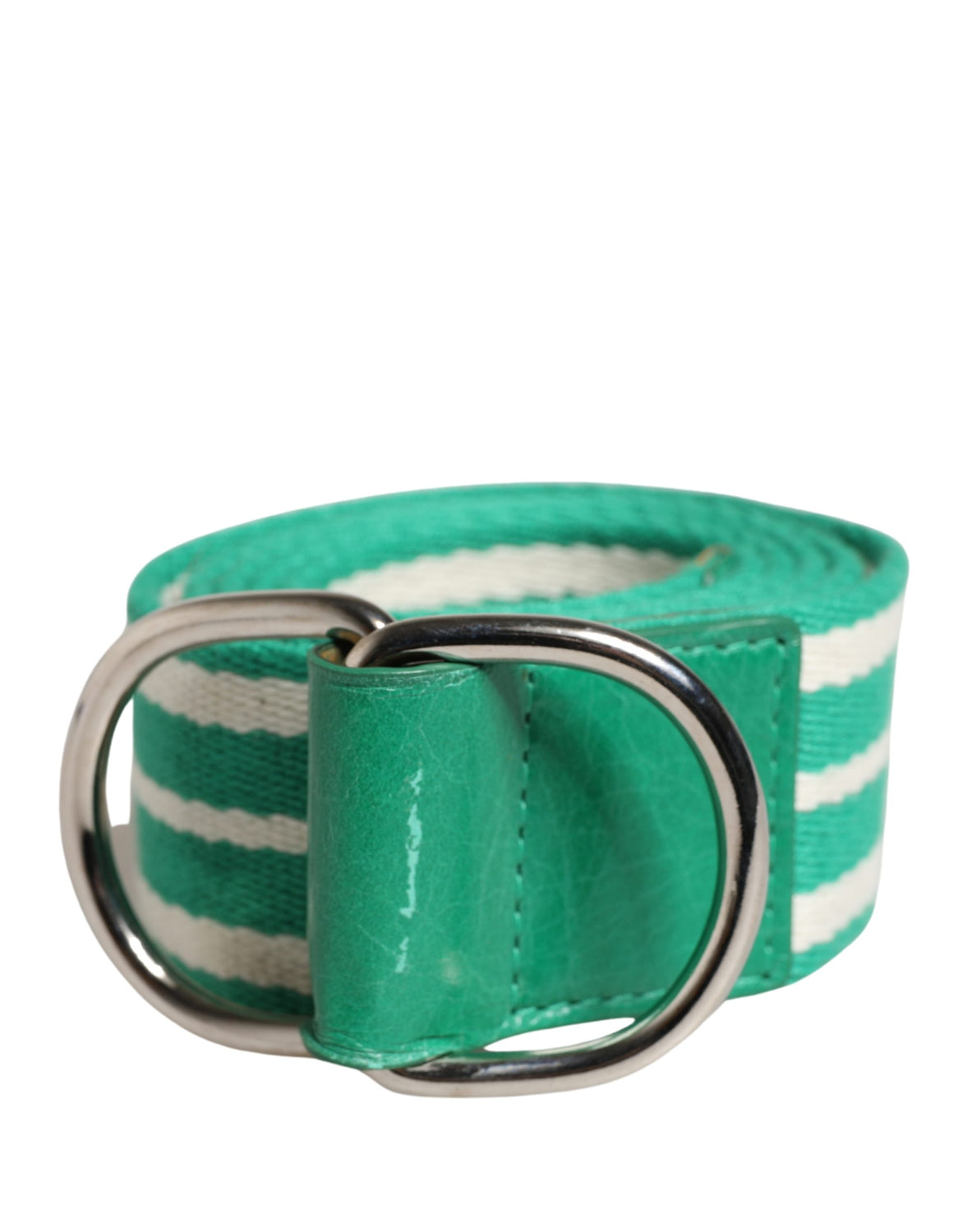 White Green Stripes Canvas Silver Metal Buckle Belt