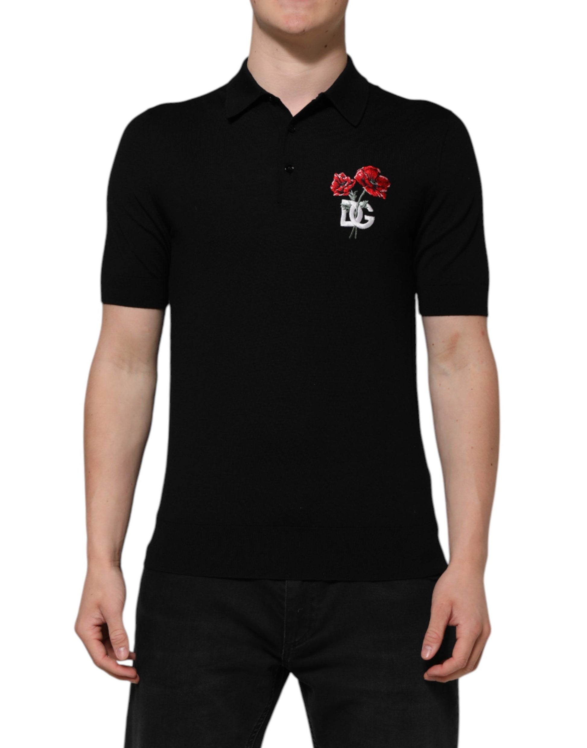 Black Wool Logo Floral Short Sleeve T-shirt