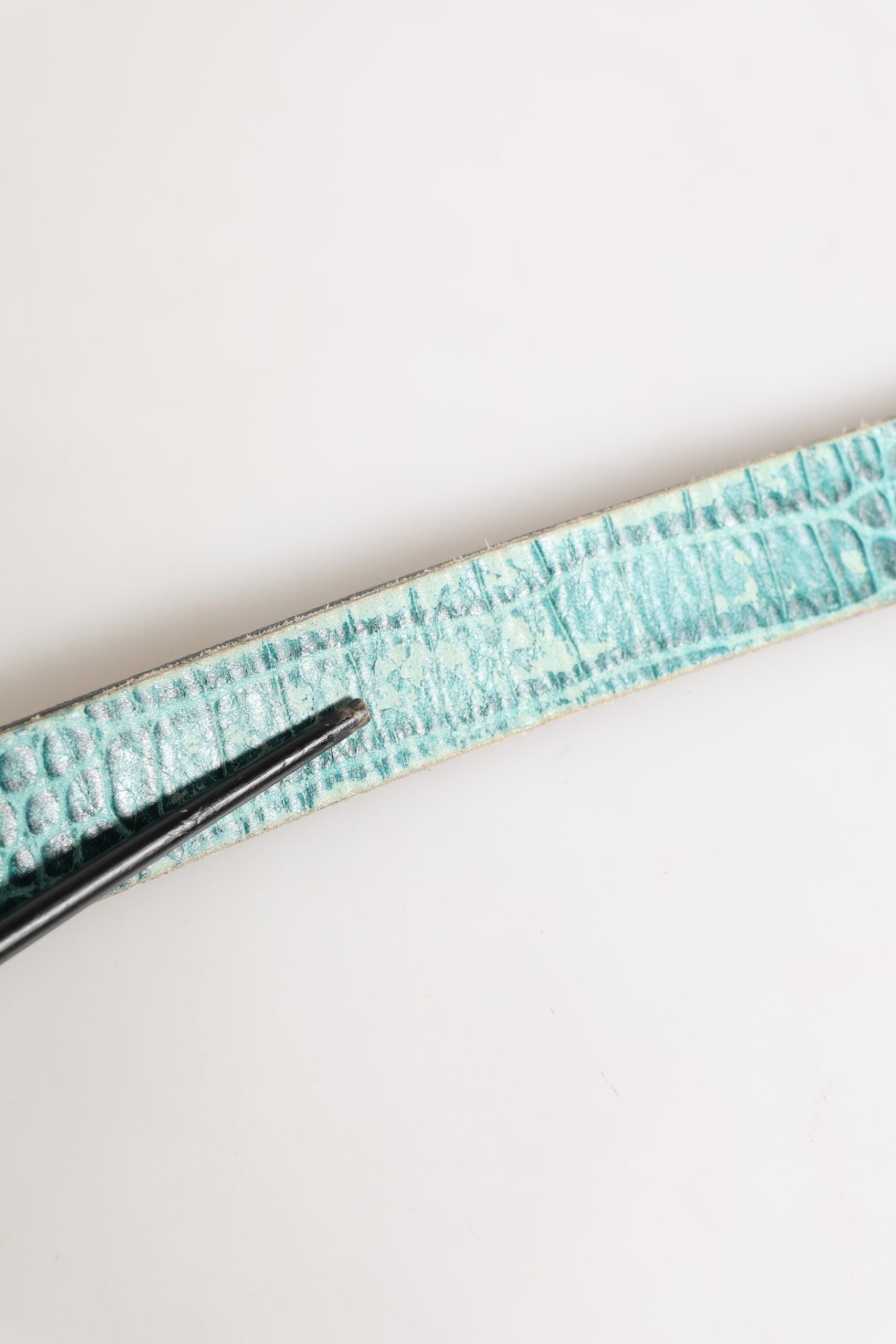 Women Green Leather Croco Print Studded Belt