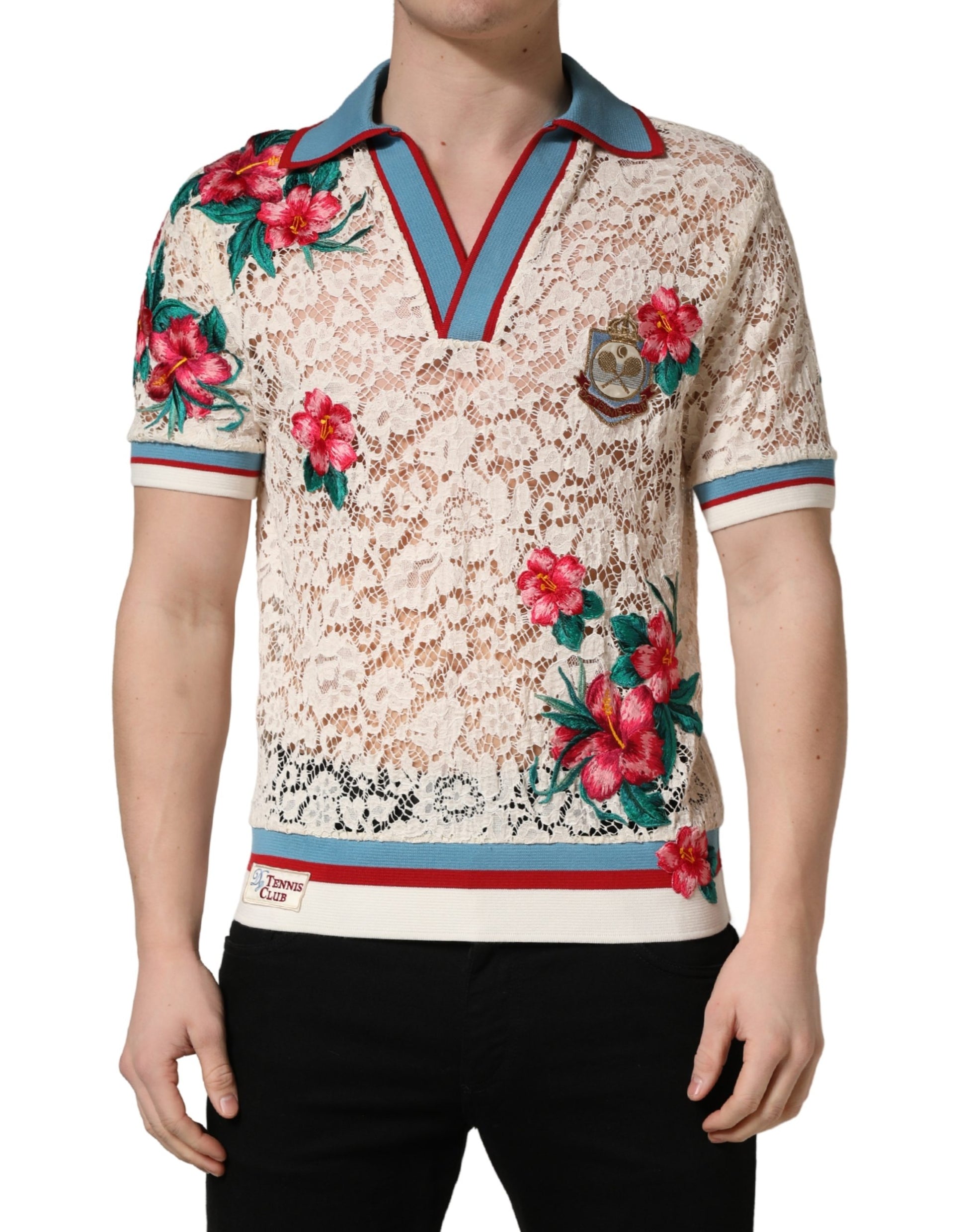 Beige Floral Tennis Club Lace Polo T-shirt