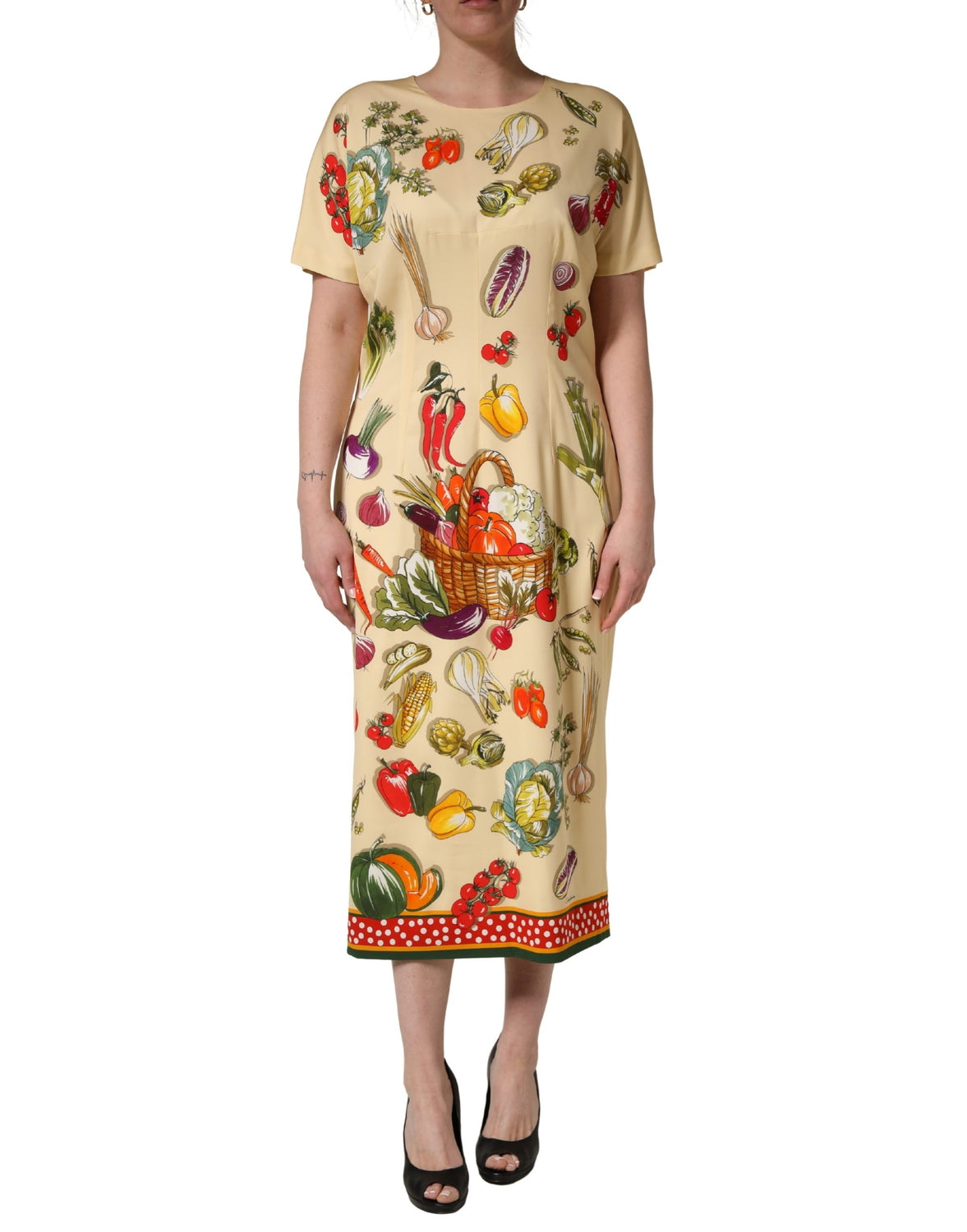 Beige Fruit PolkaDot Sheath Silk Midi Dress