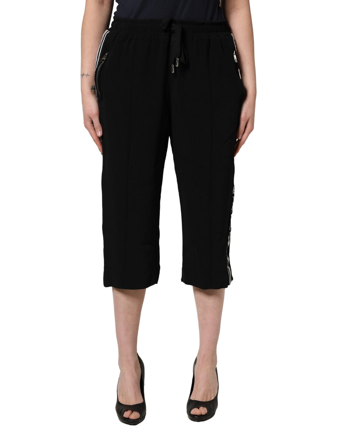 Black Viscose Mid Waist Cropped Women Pants