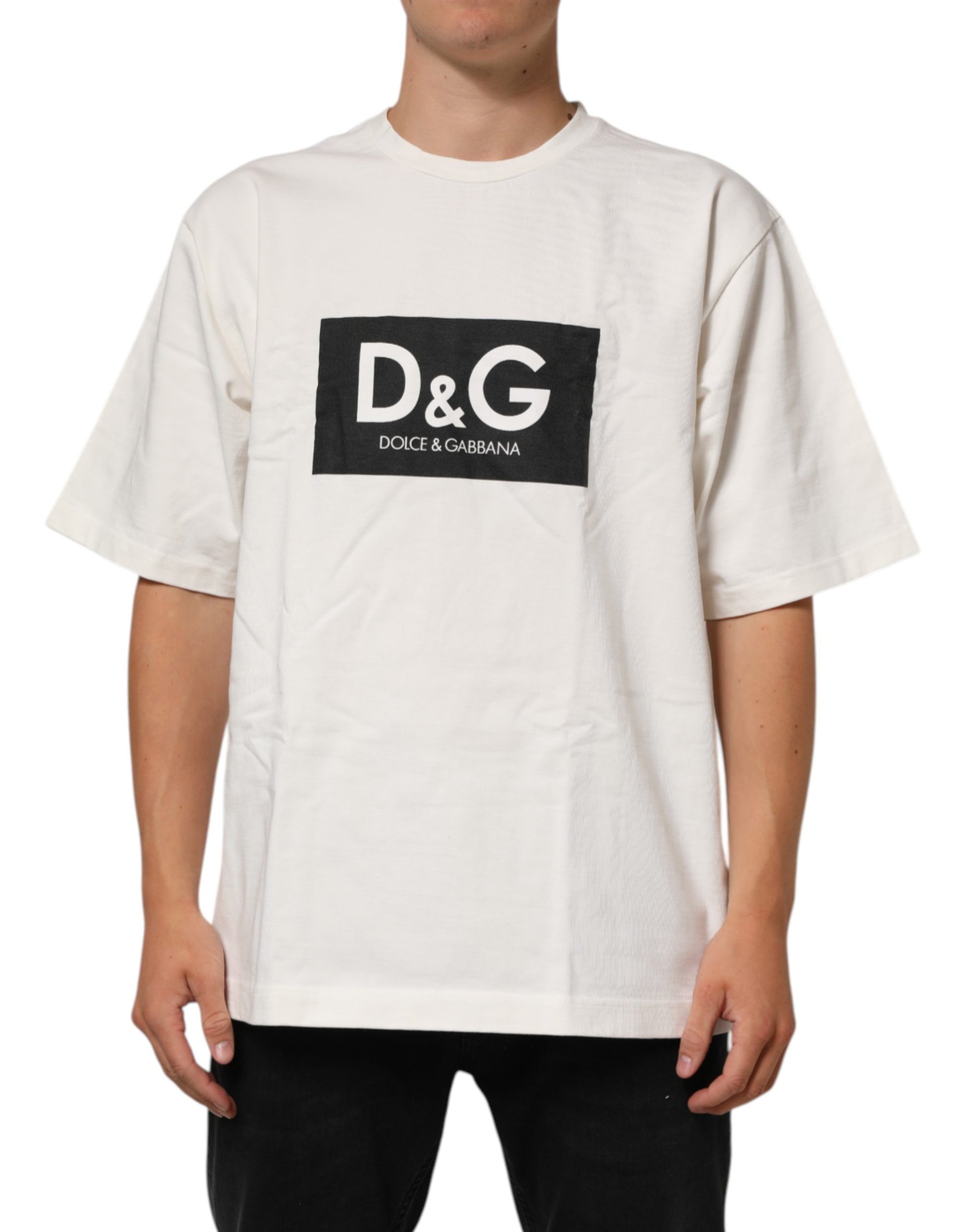 White Cotton Logo Print Men Crewneck T-shirt