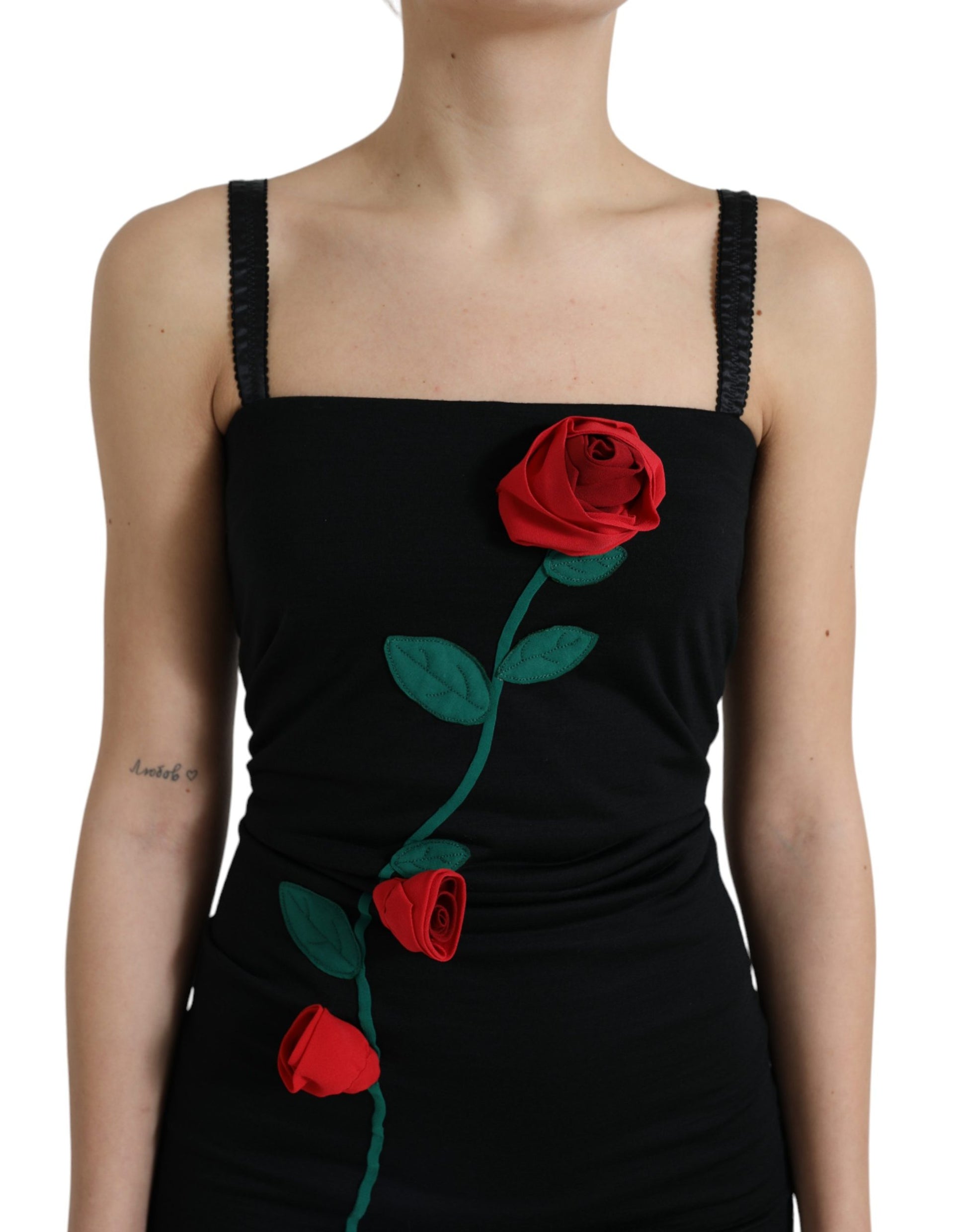Black Wool Sleeveless Rose Applique Dress