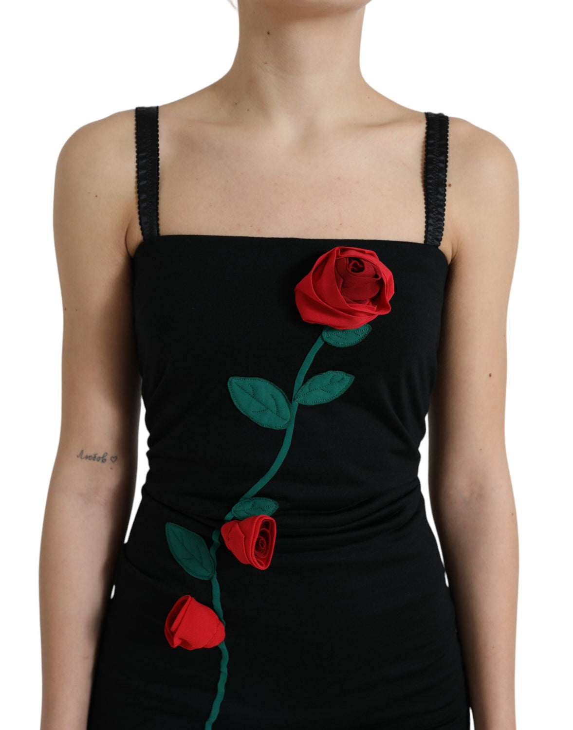 Black Wool Sleeveless Rose Applique Dress