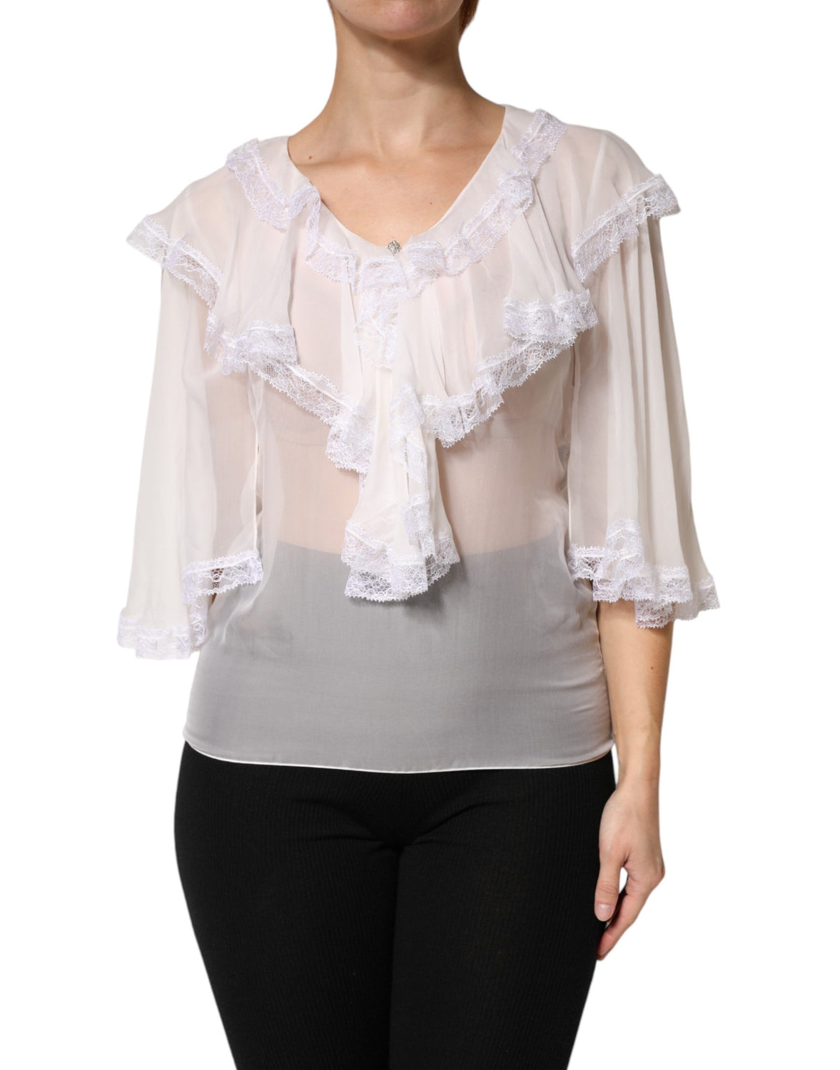 White LongSleeve Lace Trim Ruffled Blouse Top