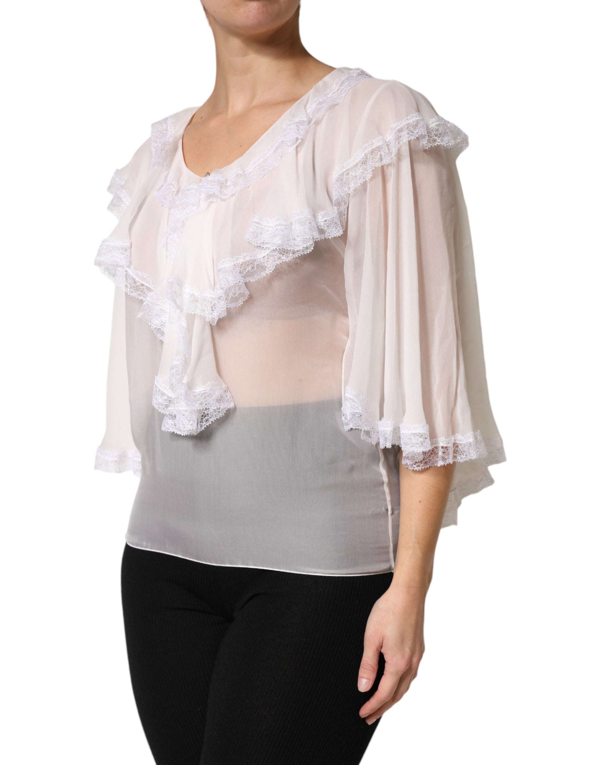 White LongSleeve Lace Trim Ruffled Blouse Top