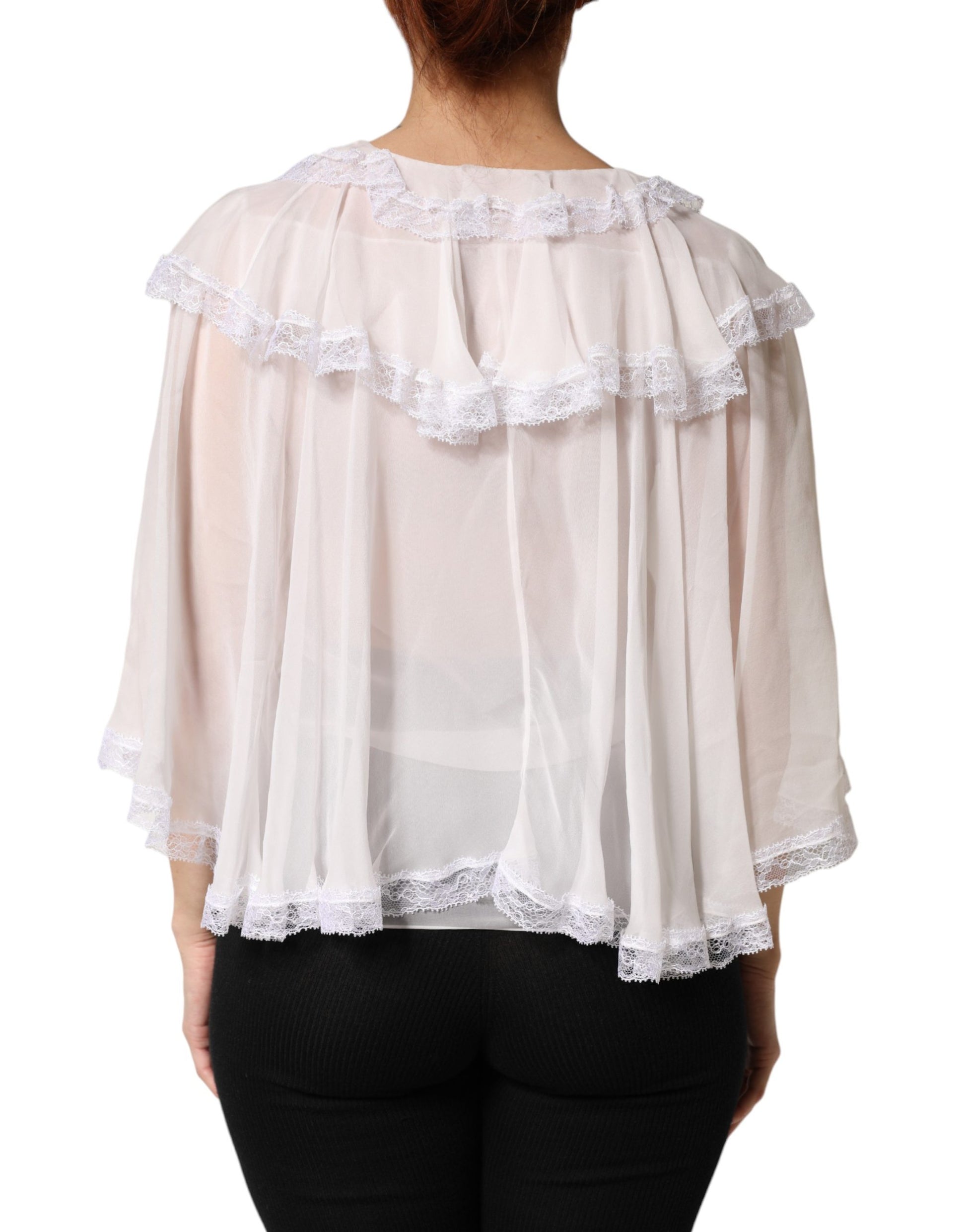 White LongSleeve Lace Trim Ruffled Blouse Top