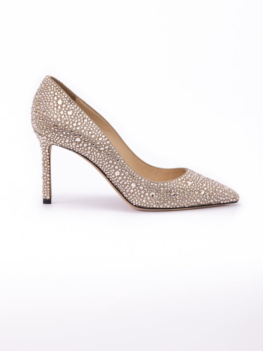Honey Gold Shimmer Suede Crystals Romy 85 pumps