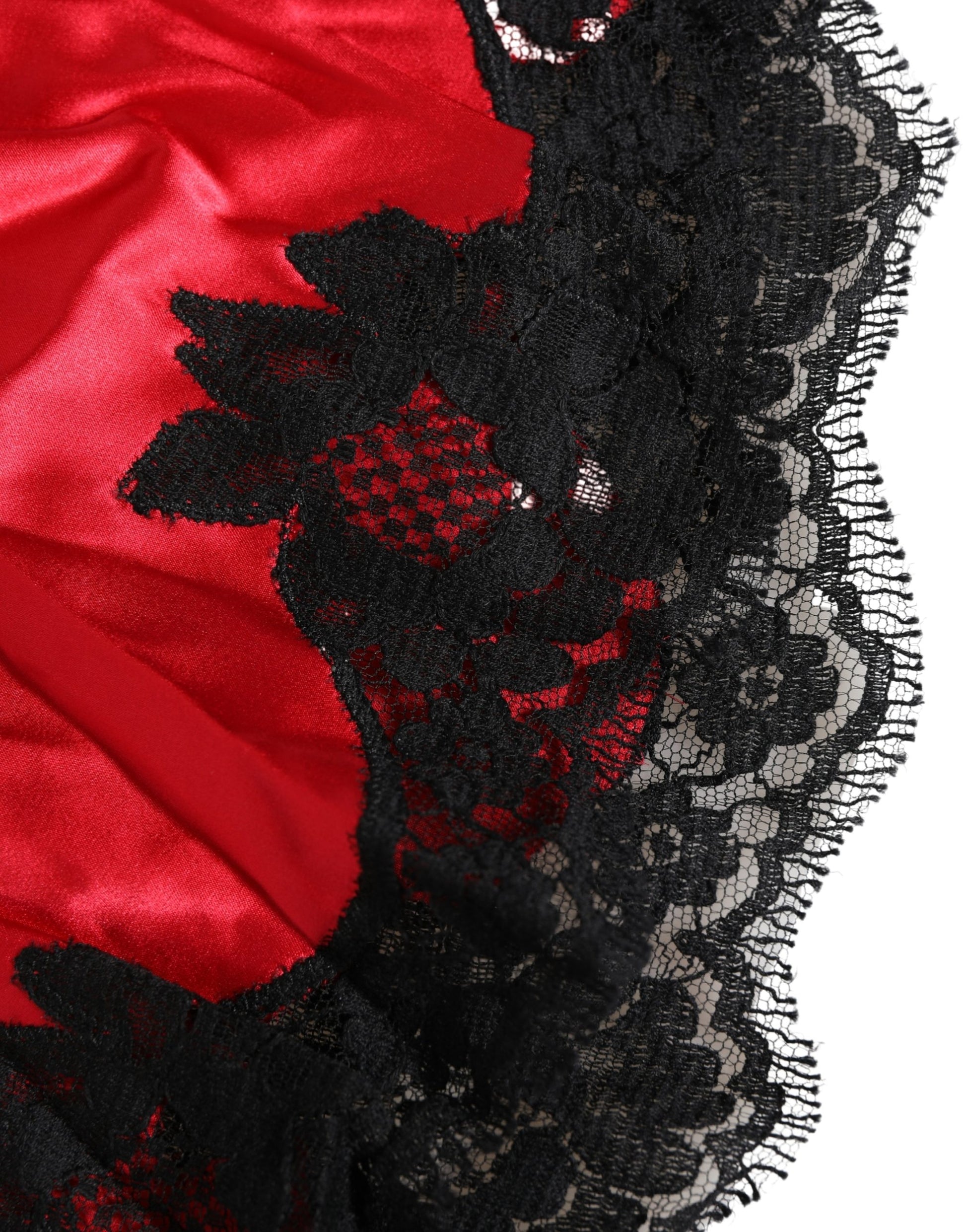 Red Silk Satin Lace Trim Pajama Shorts Sleepwear
