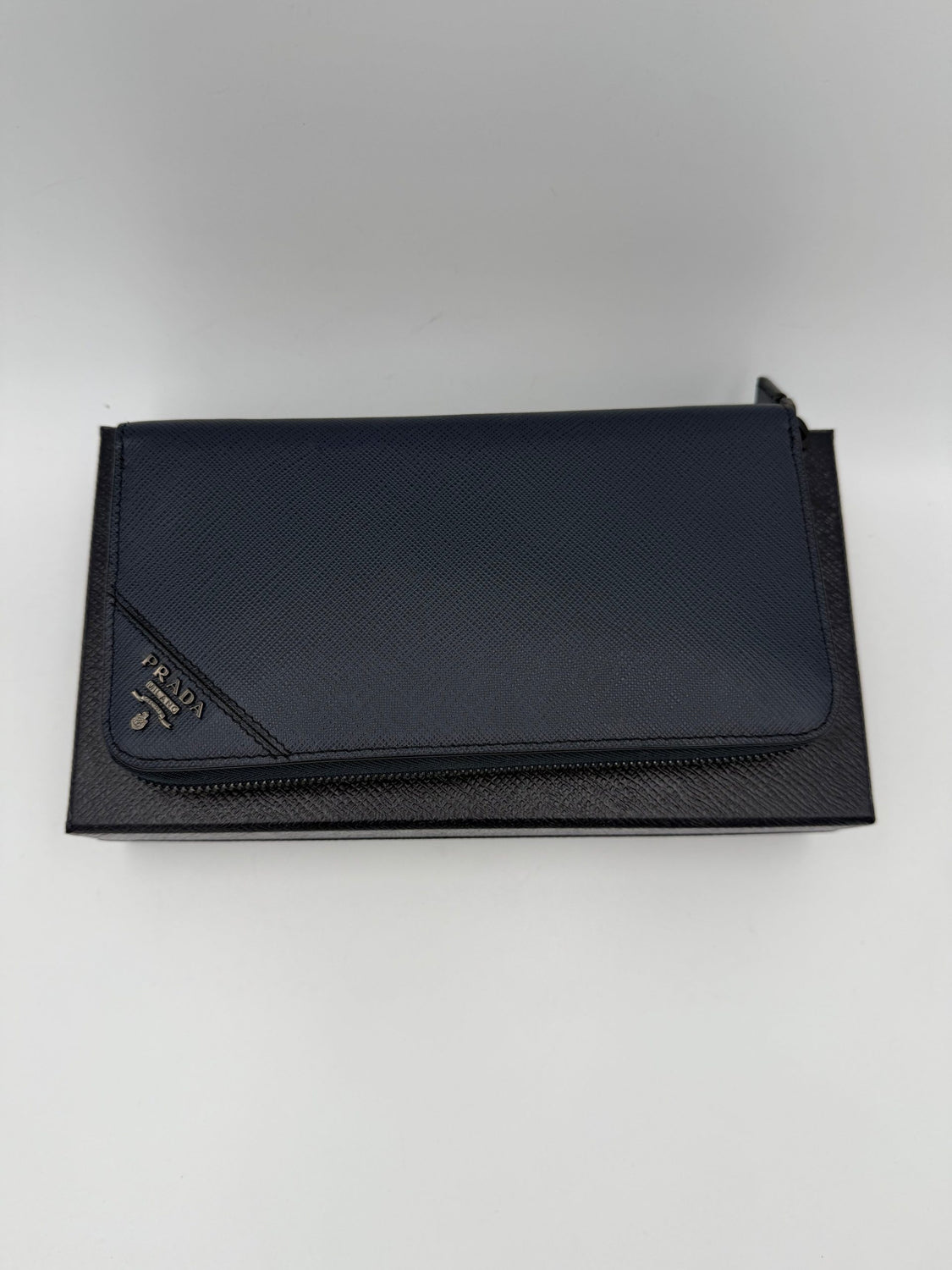 PRADA Zip in Blue Saffiano Wallet