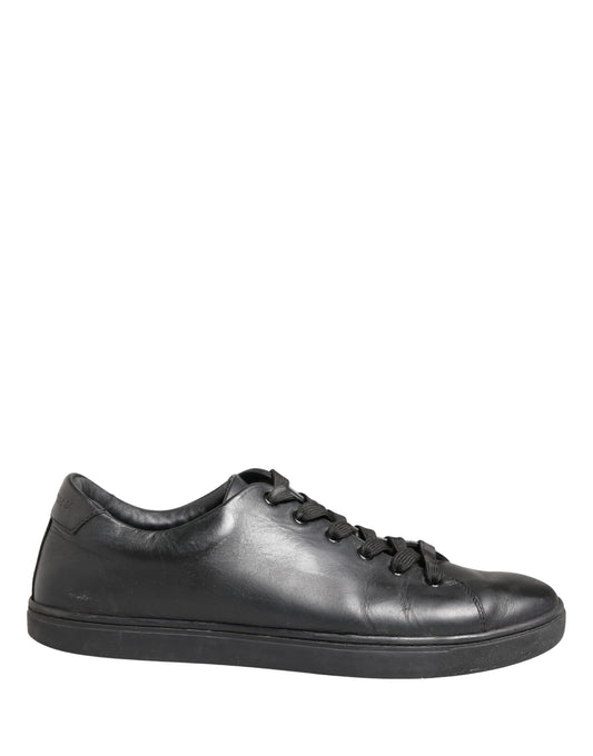 Black Leather Low Top Lace Up Sneakers Shoes