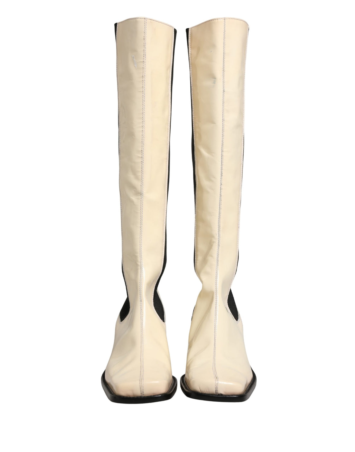 White Black Leather Knee High Boots Shoes