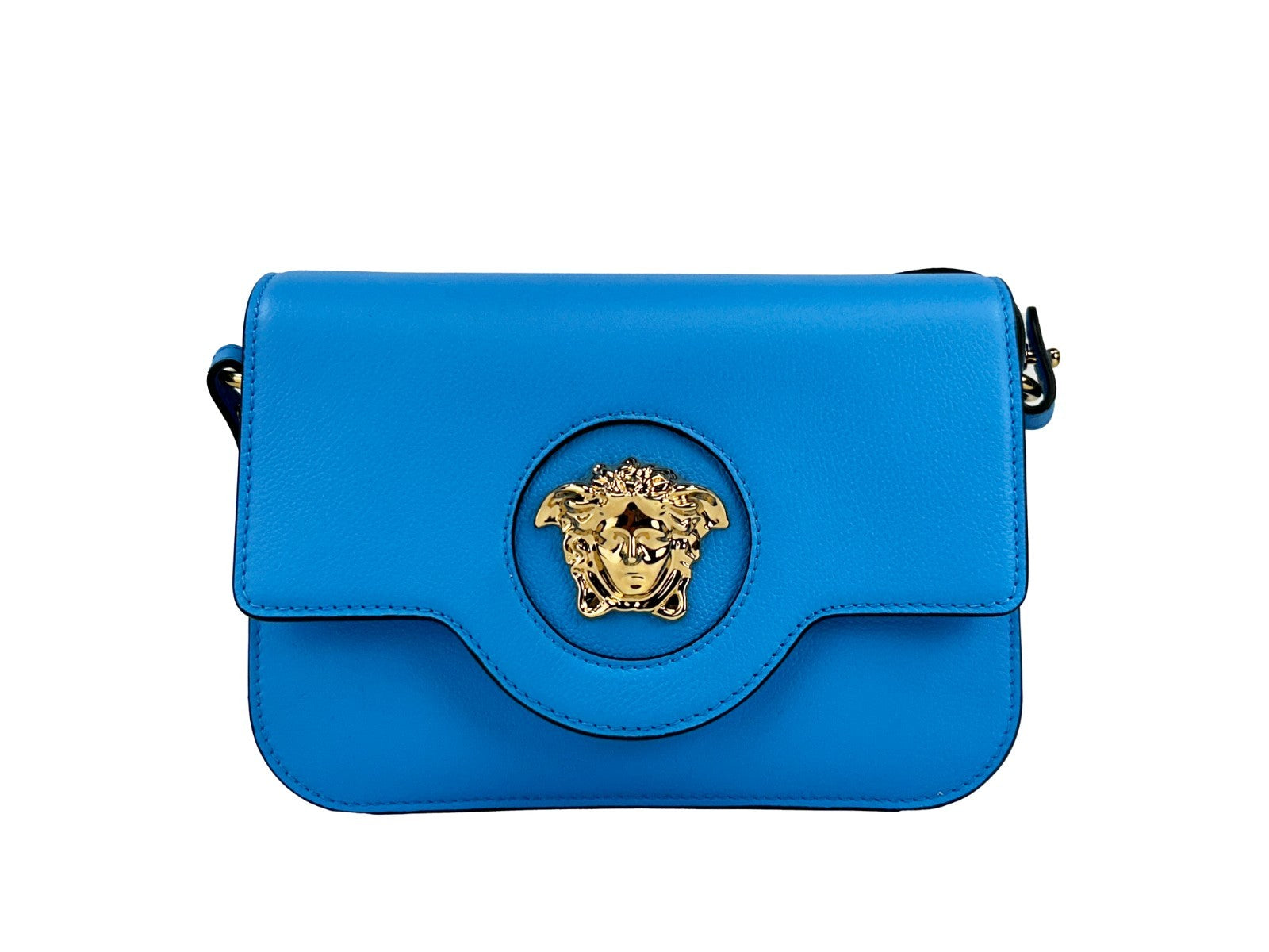 Versace La Medusa Blue Leather Shoulder Crossbody Bag Purse