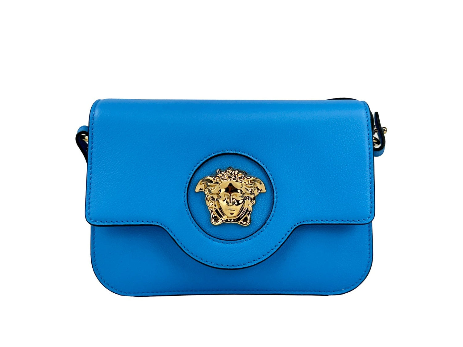 Versace La Medusa Blue Leather Shoulder Crossbody Bag Purse