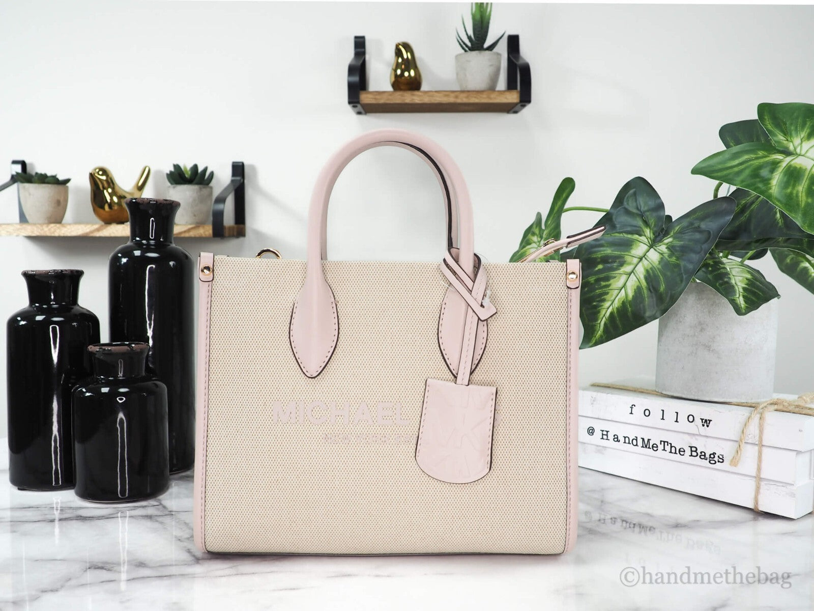 Michael Kors Mirella Small Powder Blush Canvas Shopper Crossbody Handbag Purse