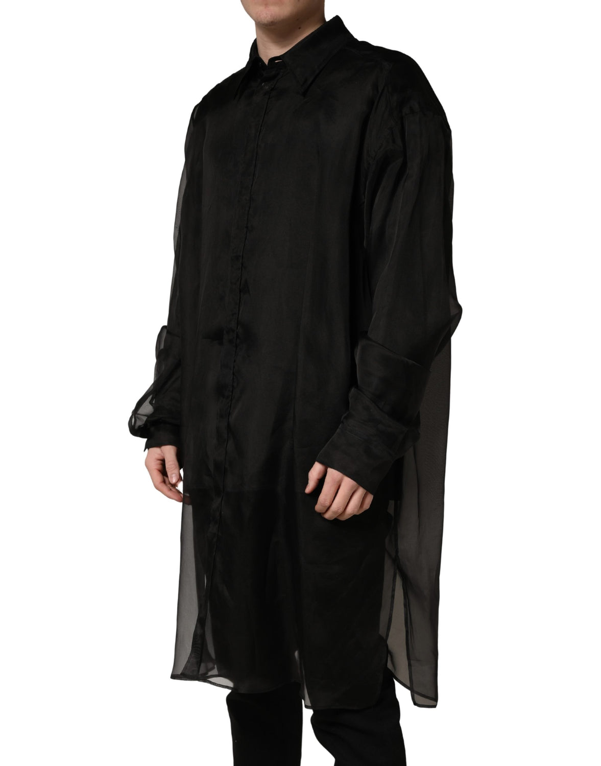 Black Ruffle Detail Semi Sheer Shirt Jacket
