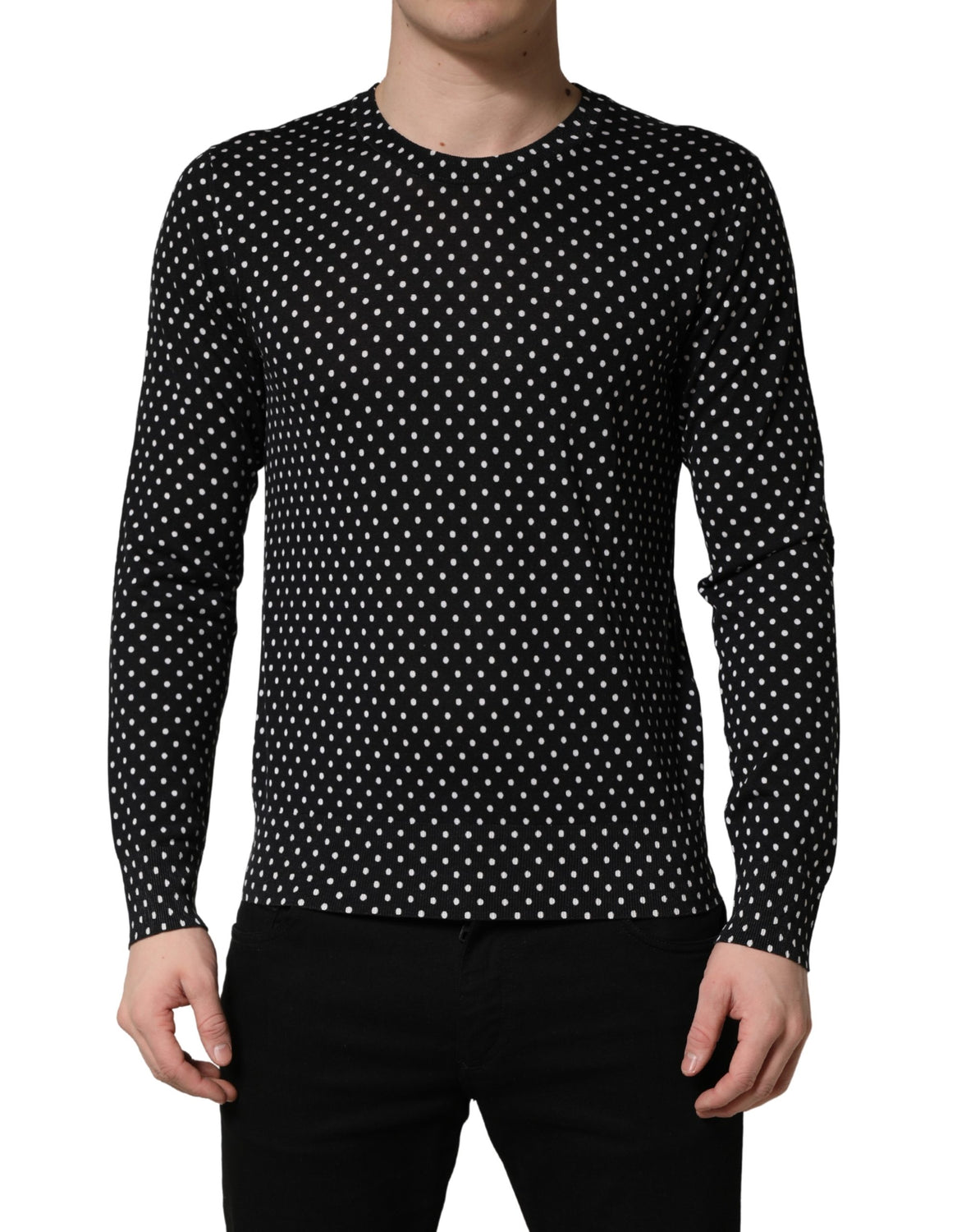 Black Polka Dot Crew Neck Pullover Sweater
