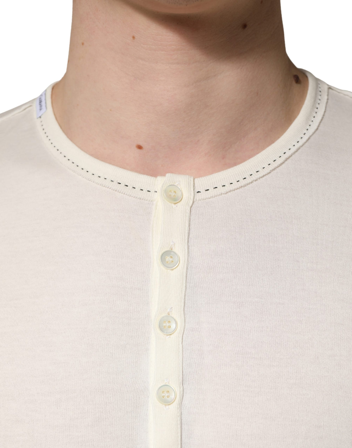 White Long Sleeves Henley Pullover Sweater