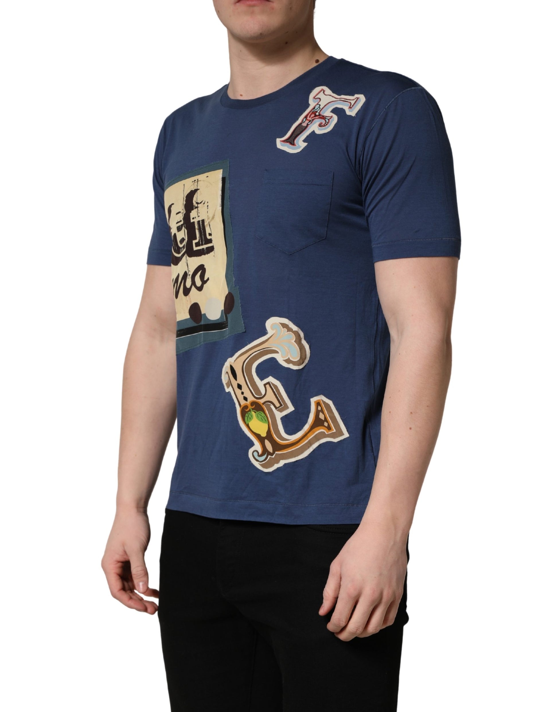 Navy Blue Cotton Graphic Crew Neck T-shirt