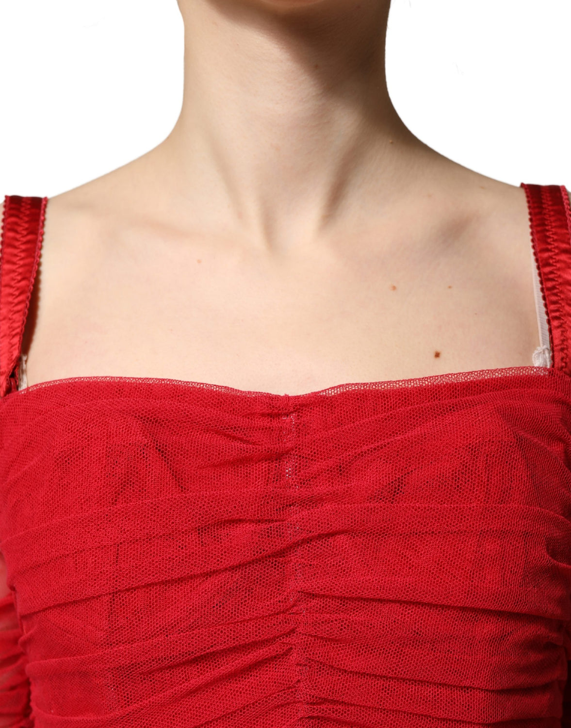 Red Cotton Ruched Stretch Tulle Midi Dress