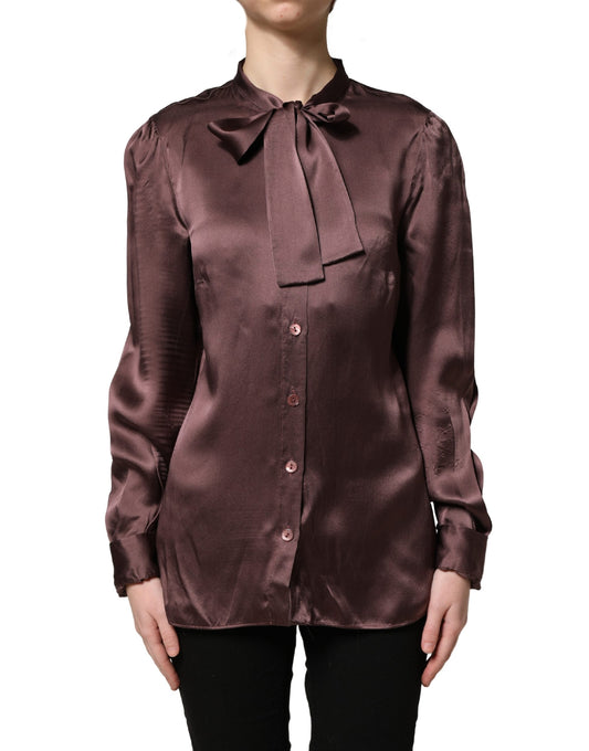 Violet Satin Long Sleeve Ascot Tie Shirt Top