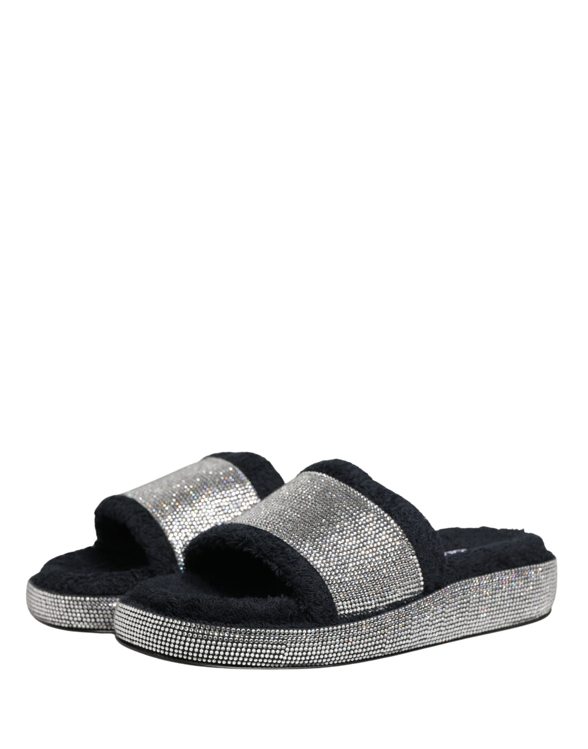 Black Crystal Embellished Platform Slides Shoes