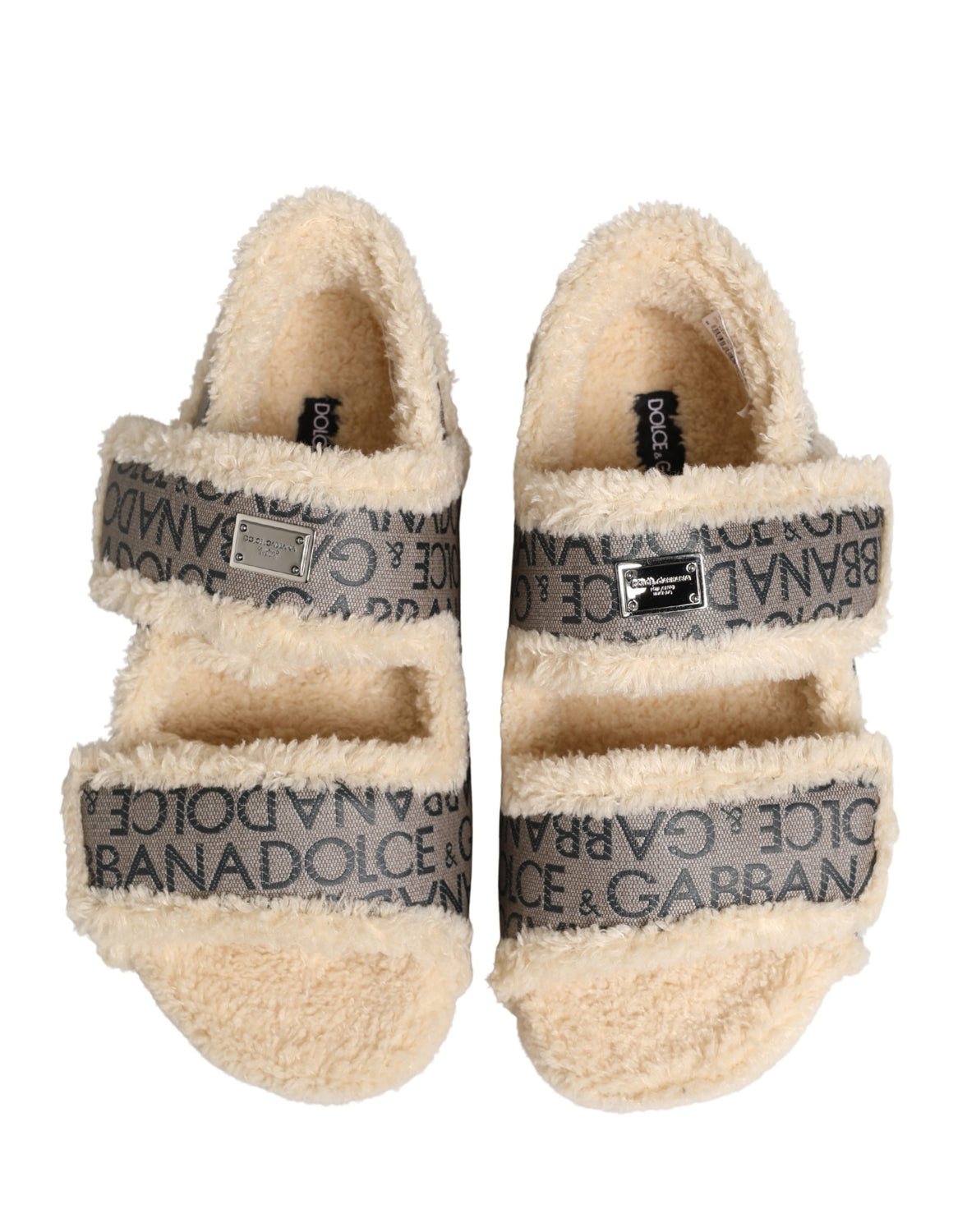 Beige Faux Fur Logo Print Flats Sandals Shoes
