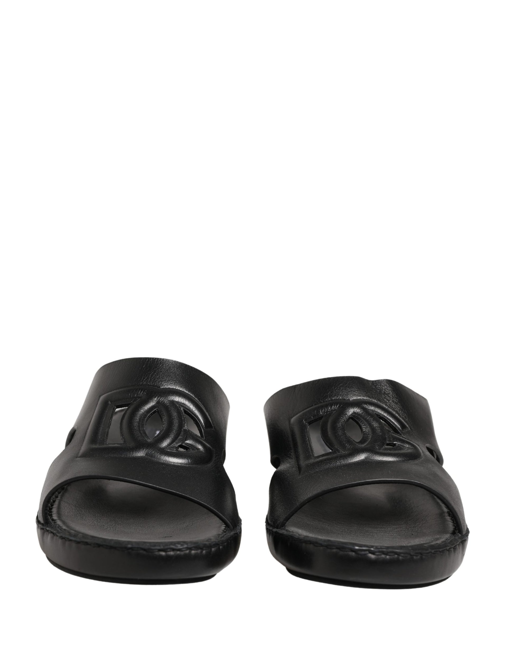 Black Leather Cutout DG Logo Sandals Shoes