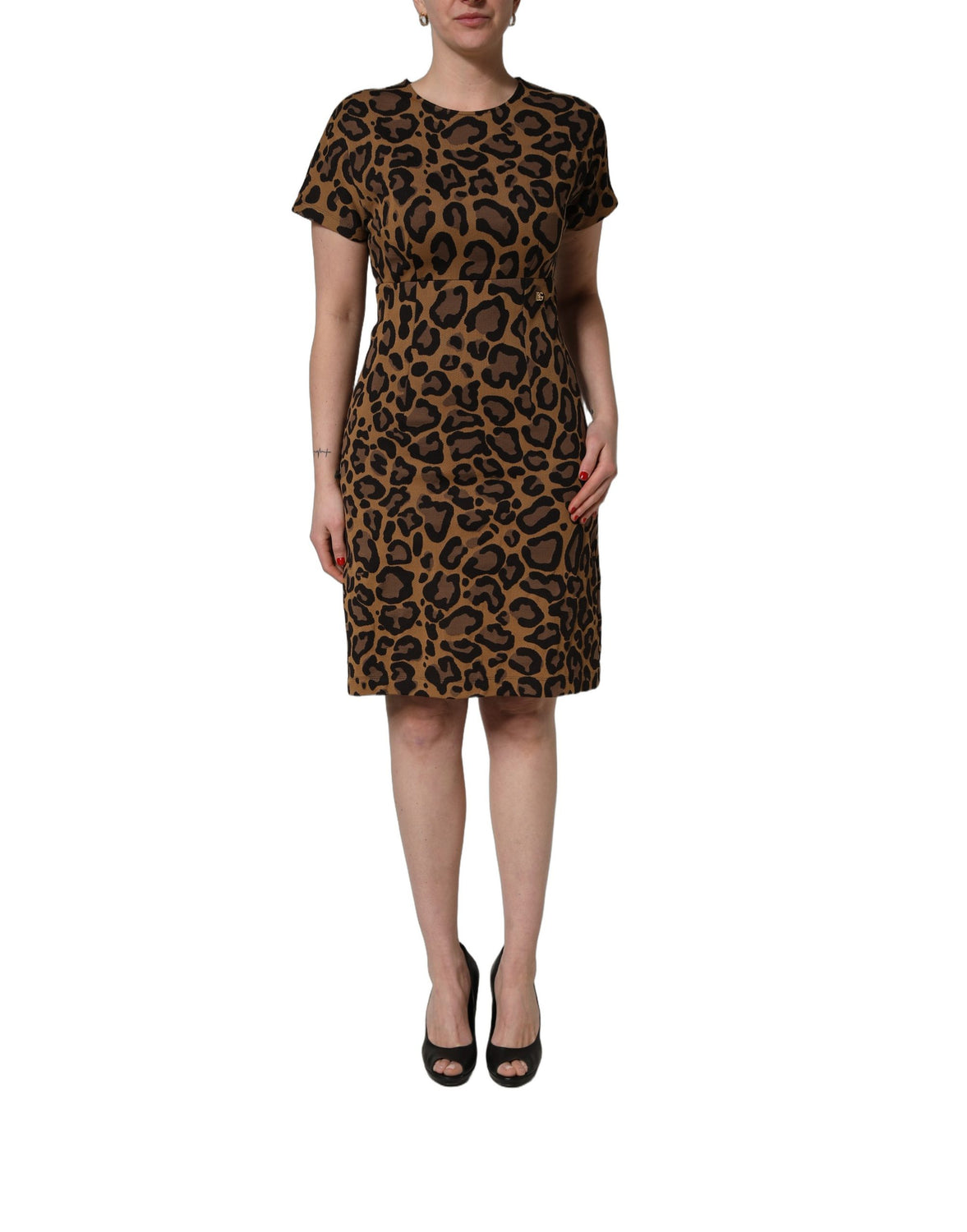 Brown Leopard Jacquard Knee Length Dress