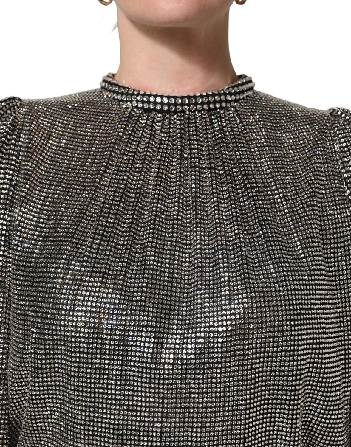 Silver Rhinestones Long Sleeves Bodysuit Mini Dress
