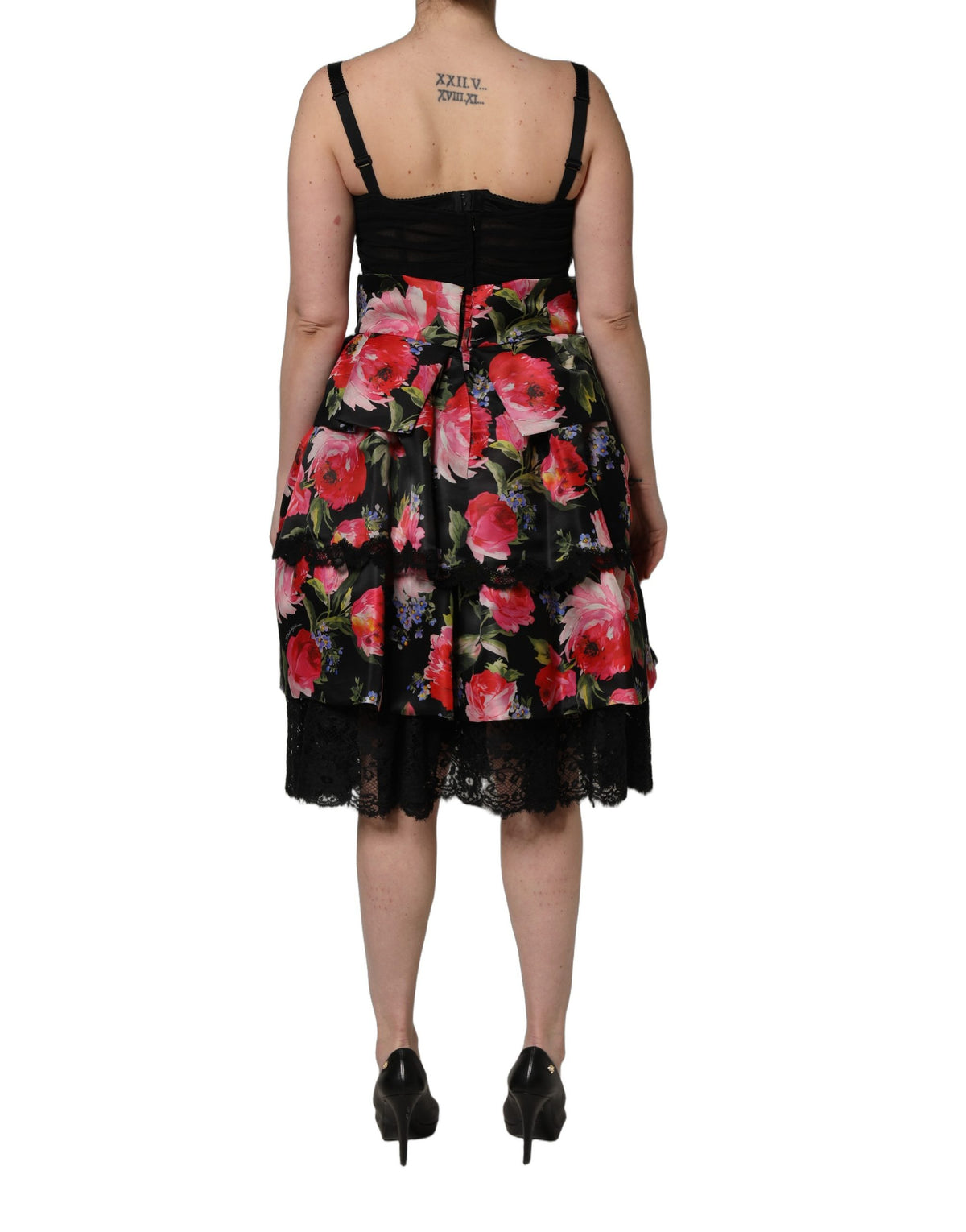 Black Sleeveless Bustier Floral Print Tiered Dress