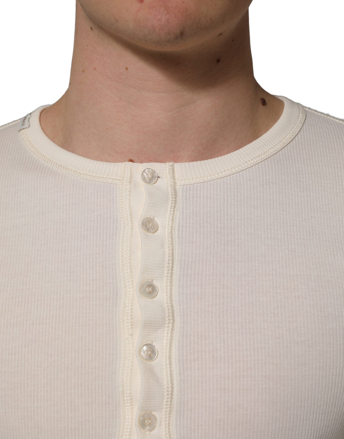 White Long Sleeves Henley Pullover Sweater