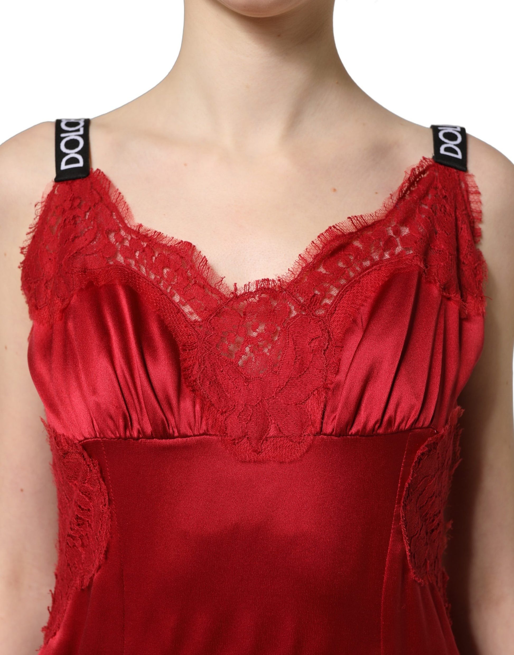 Red Silk Sleeveless Maxi Long Lace Trim Dress