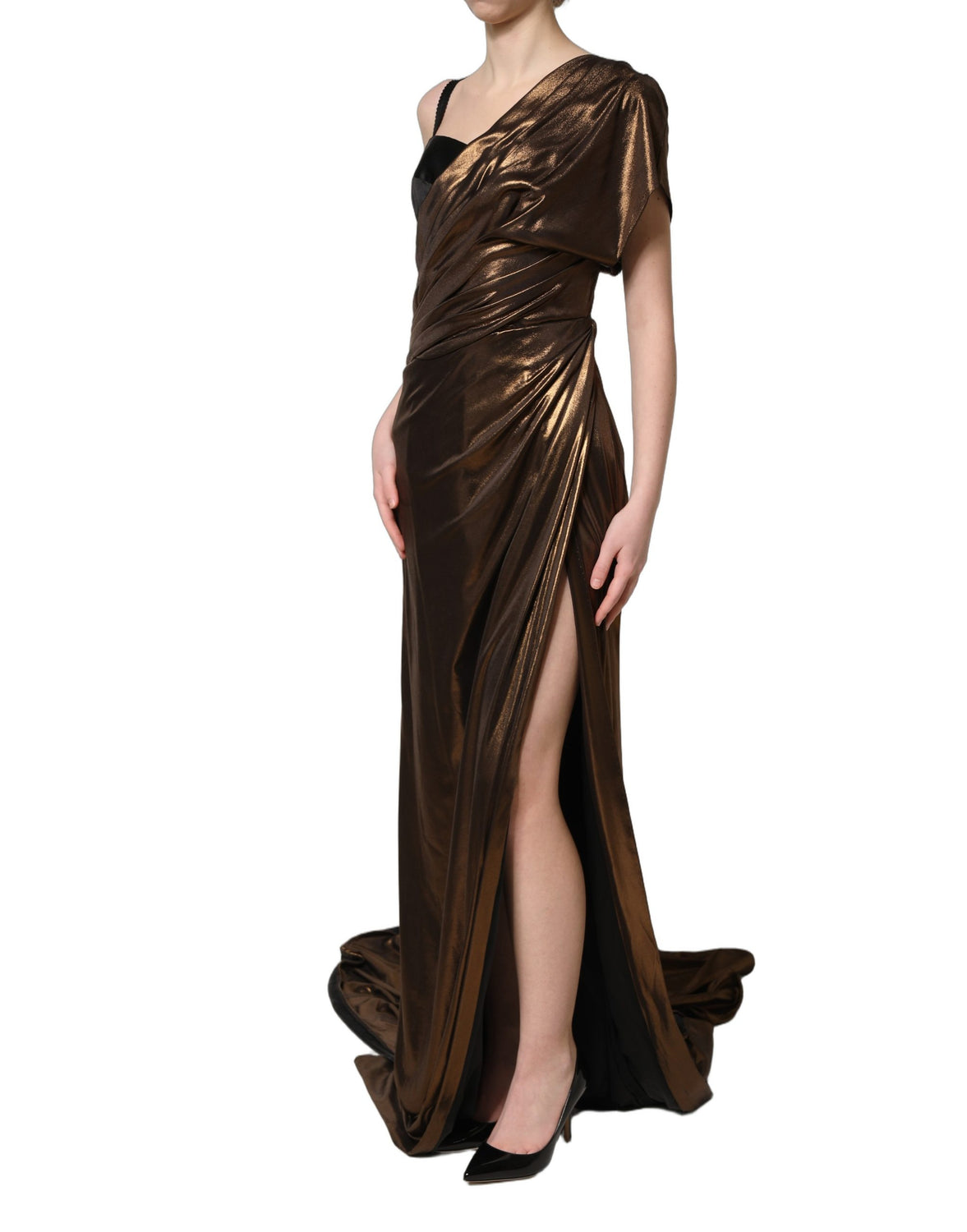 Bronze Asymmetrical Draping OneShoulder Dress