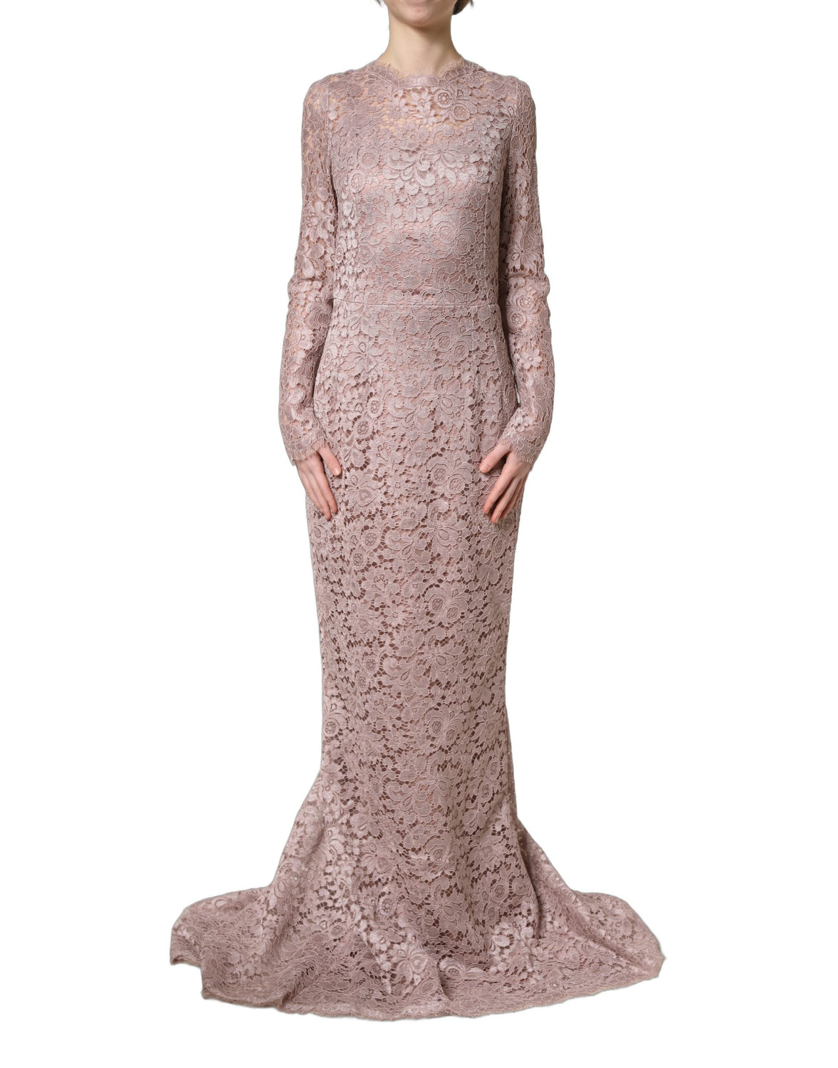 Pink Lace Long Sleeves Evening Gown Dress