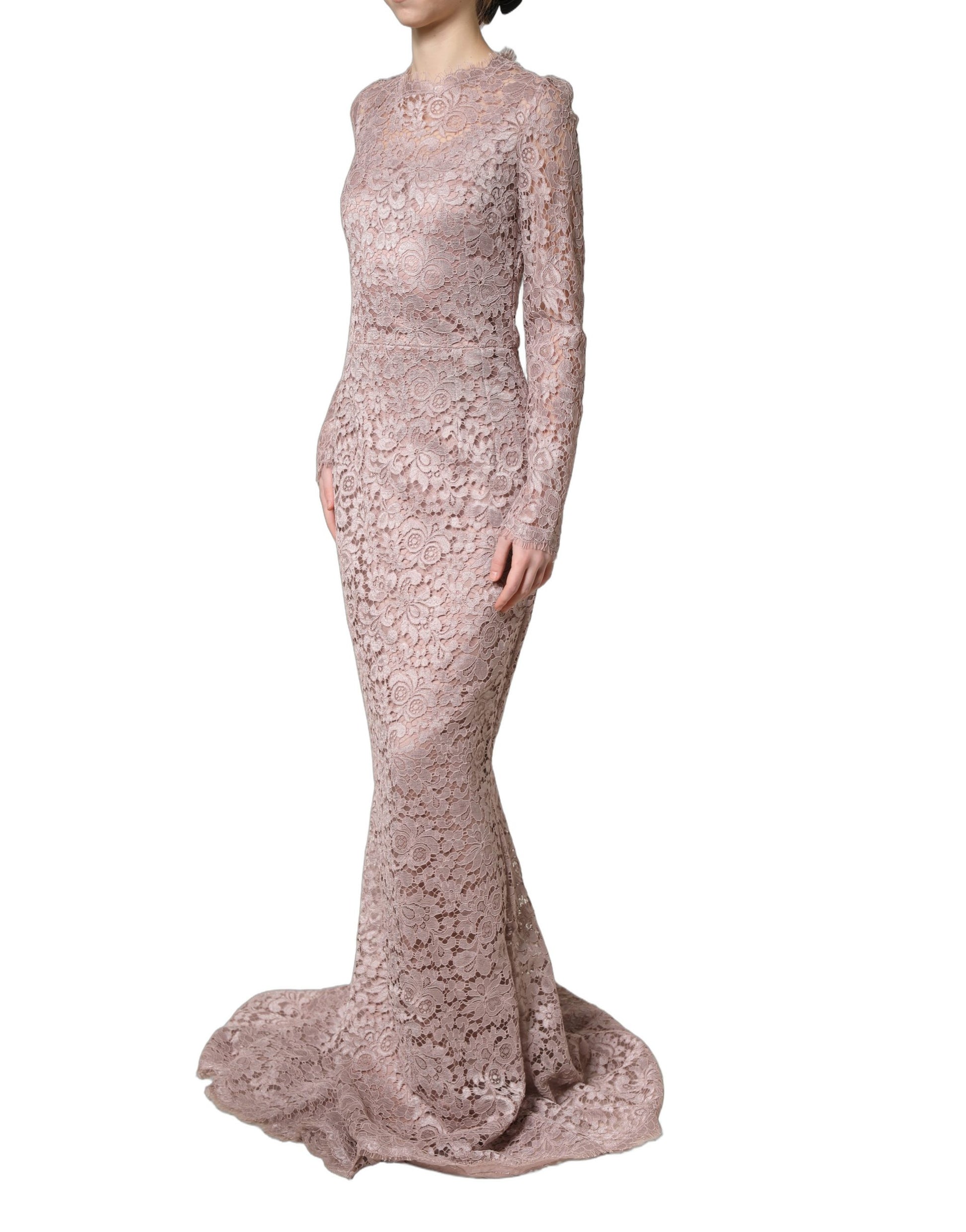 Pink Lace Long Sleeves Evening Gown Dress
