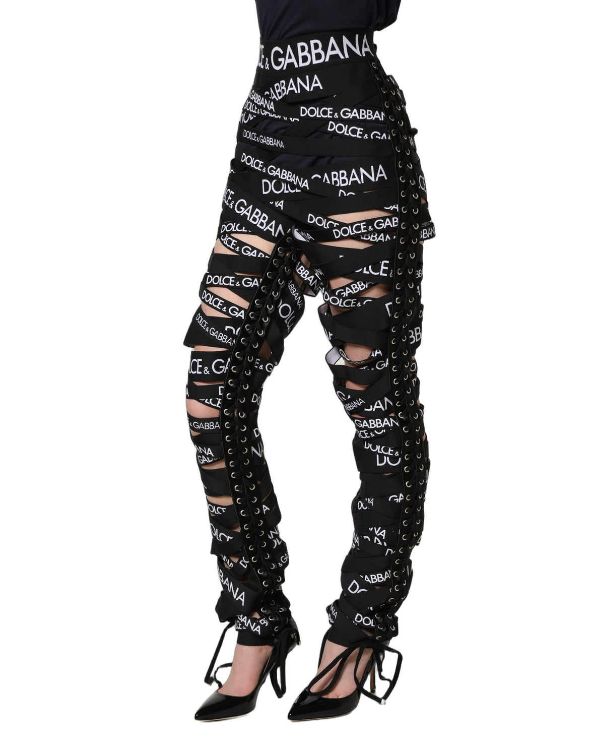 Black Logo Tape Cut Out Skinny High Waist Pants