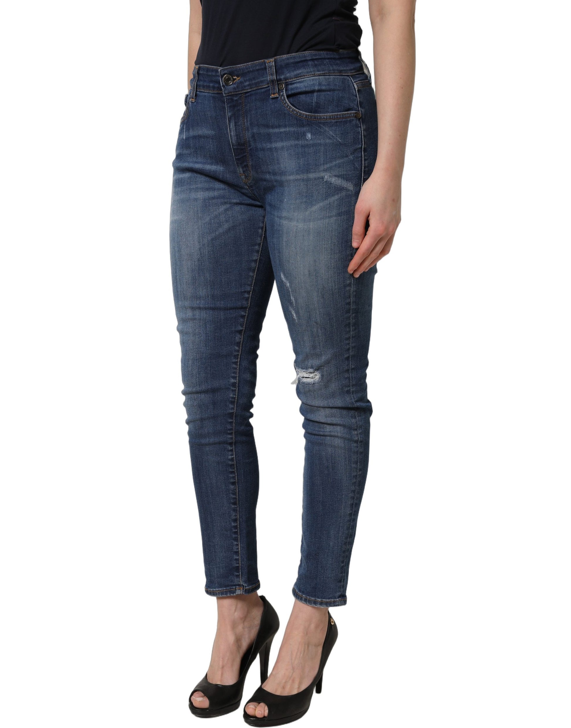 Blue Tattered Skinny Mid Waist Denim Jeans