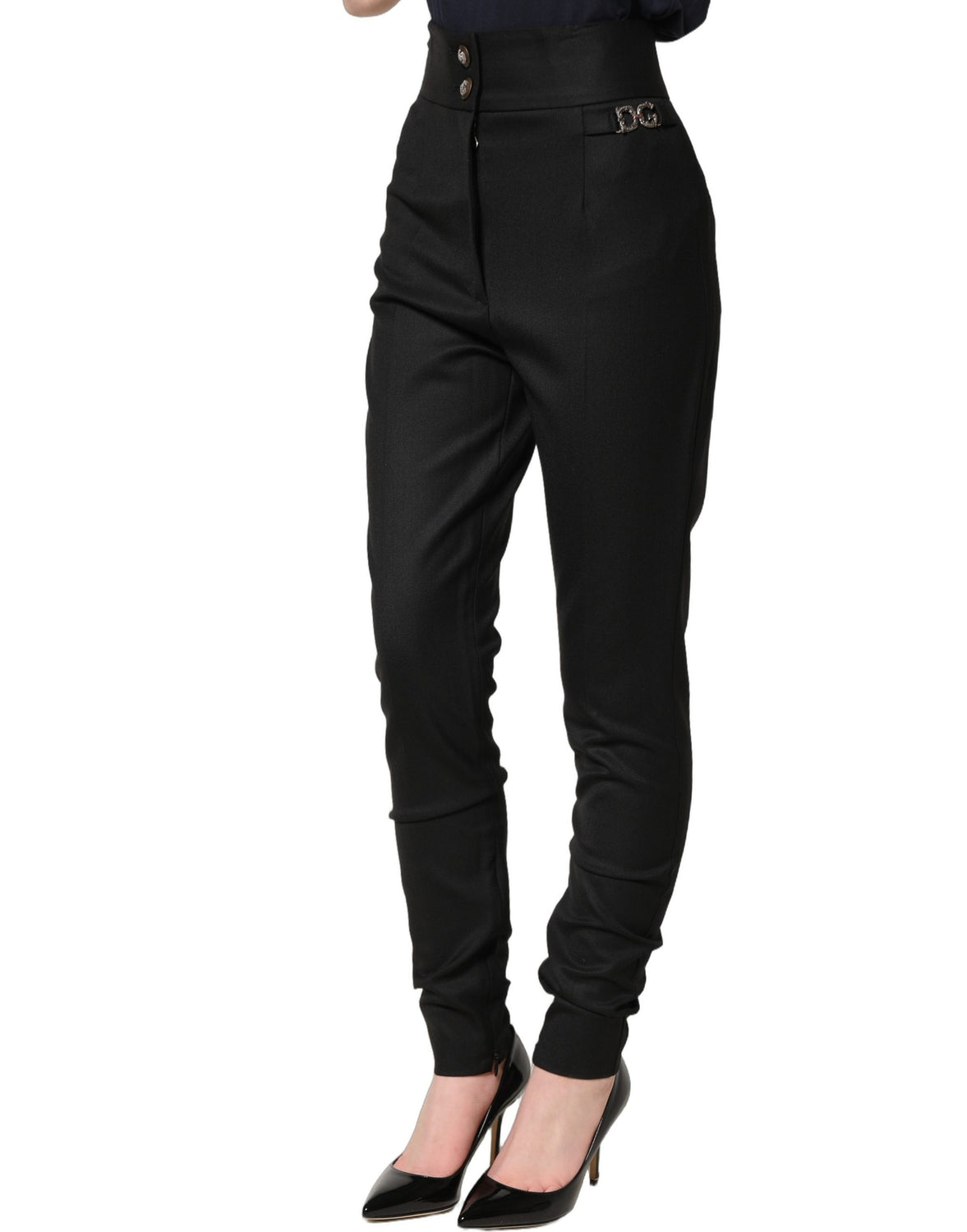 Black Wool High Waisted Logo Trouser Pants