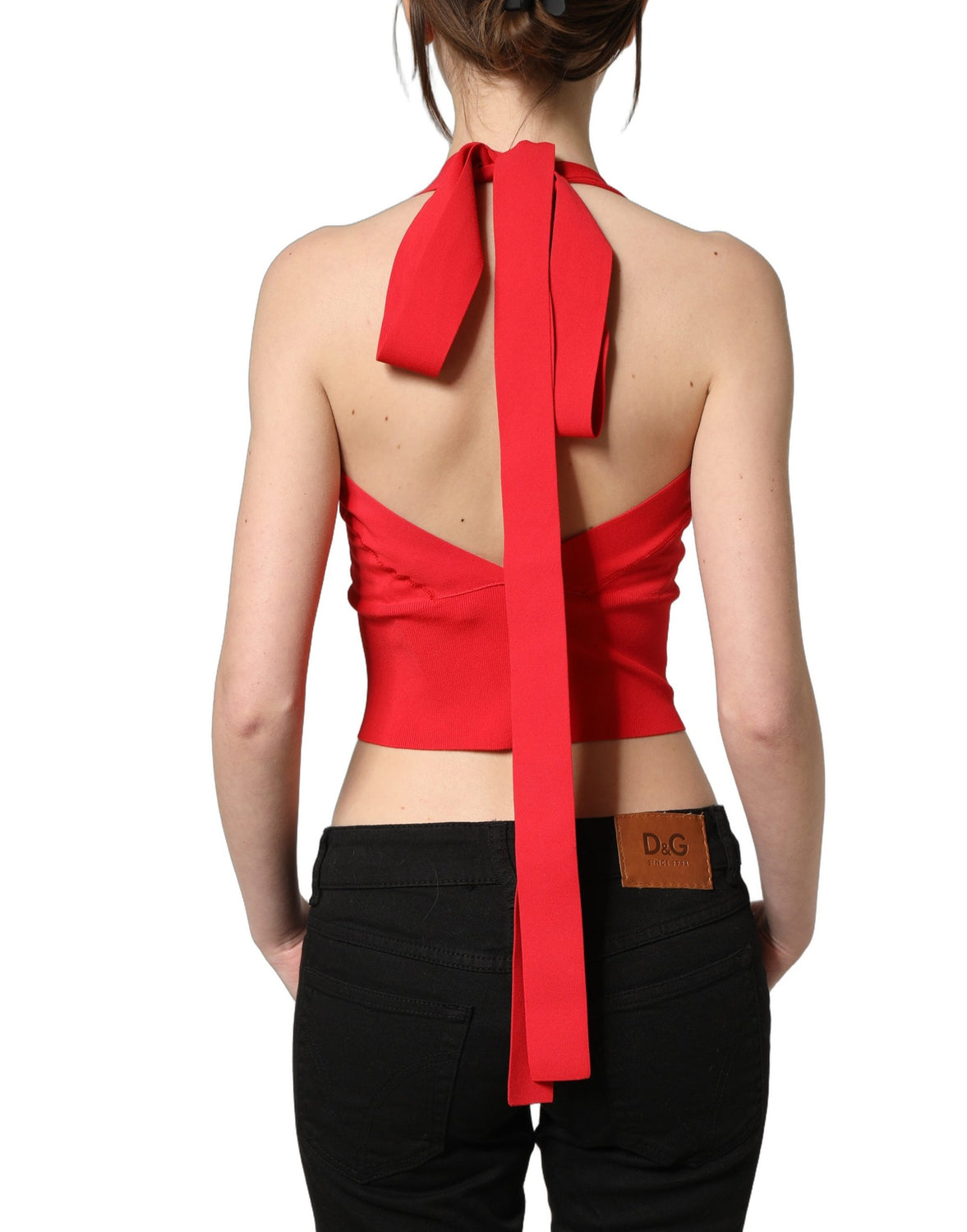 Red Viscose Sleeveless Halter Crop Tank Top