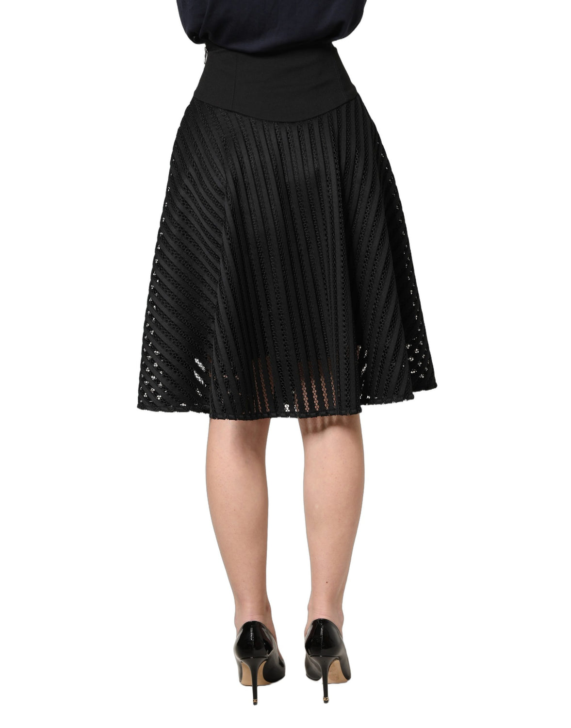 Cotton Striped Flared Silhouette Aline Midi Black