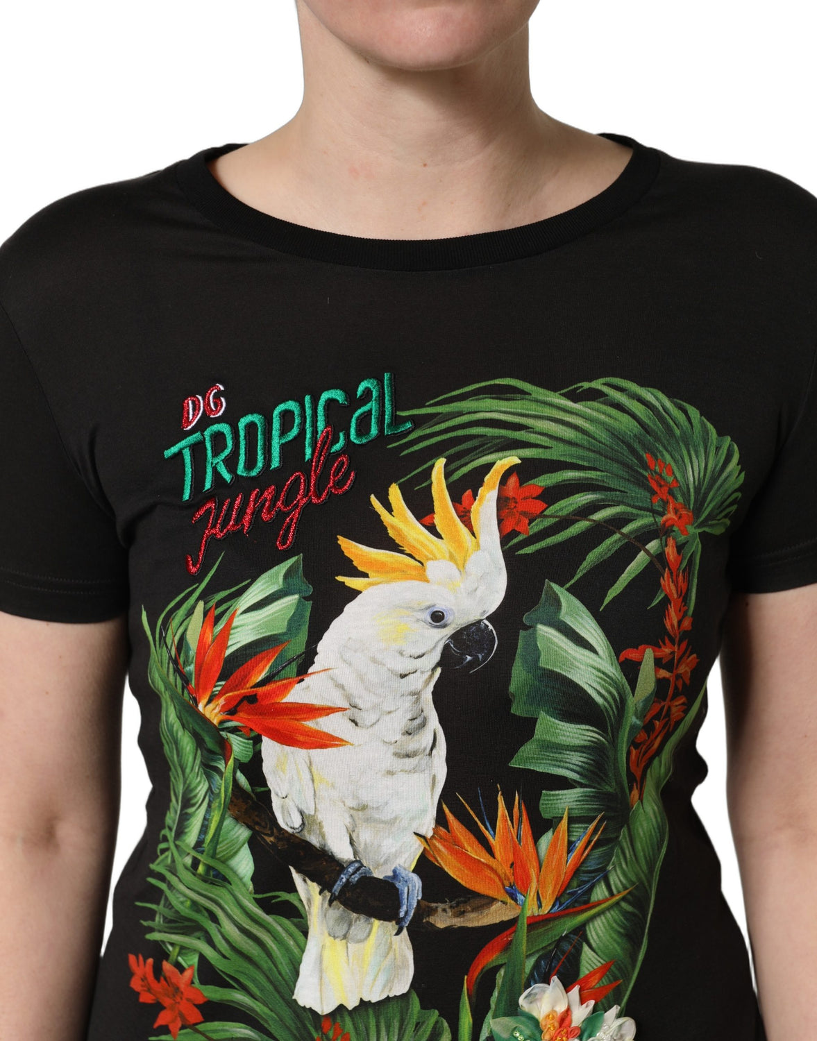 Black Tropical Print Cotton Round Neck T-Shirt